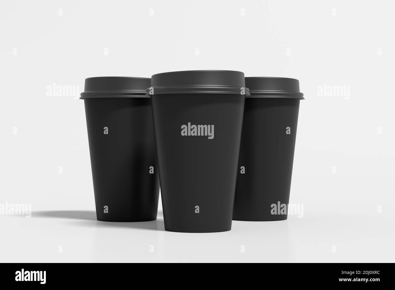 Three black take away coffee paper cups mock up with black lids on ...