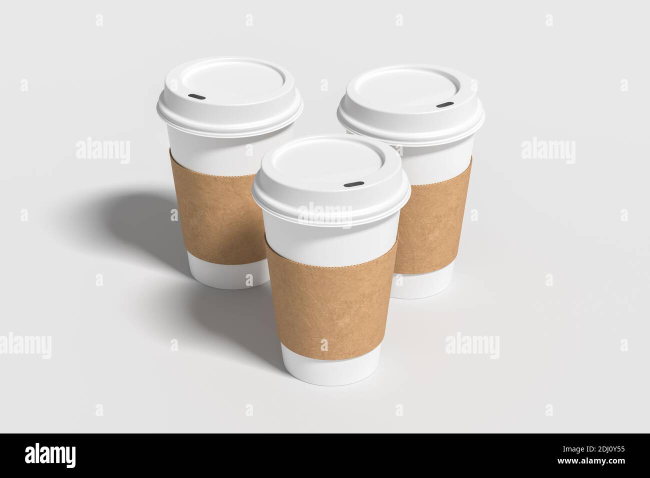 Download Three White Take Away Coffee Paper Cups Mock Up With White Lids With Holder On White Background 3d Render Stock Photo Alamy