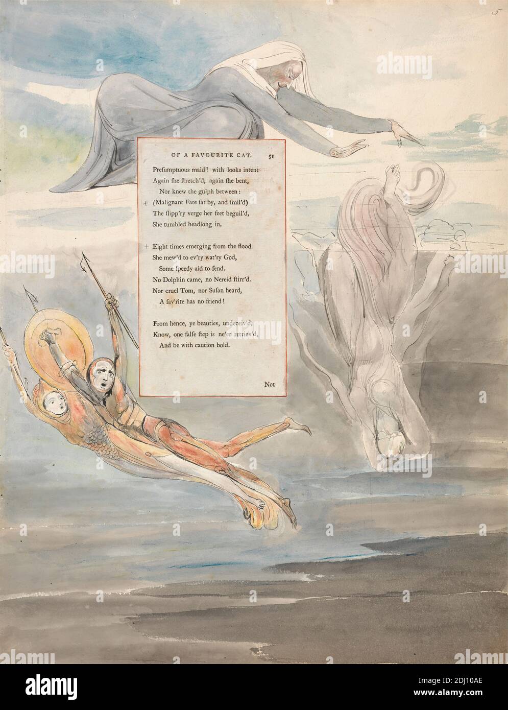 The Poems of Thomas Gray, Design 11, 'Ode on the Death of a Favourite Cat.', William Blake, 1757–1827, British, between 1797 and 1798, Watercolor with pen and black ink and graphite on moderately thick, slightly textured, cream wove paper with inlaid letterpress page, Sheet: 16 1/2 x 12 3/4 inches (41.9 x 32.4 cm), fish, fish hooks, harpoons, literary theme, religious and mythological subject, shield, spear, text, women Stock Photo