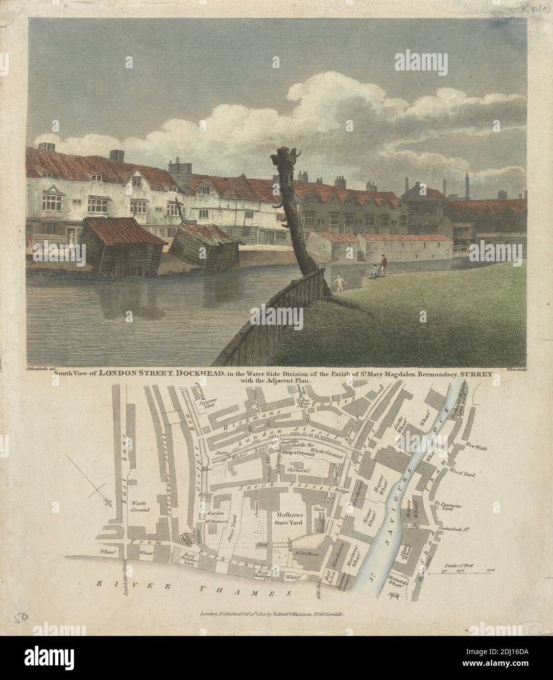 South View of London Street Dockhead and Plan of the Parish of St. Mary Magdalen, Bermondrey, Surrey, William Wise, Active 1823–1876, British, after Jacob C. Schnebbelie, 1760–1792, British, 1822, Hand colored engraving Stock Photo
