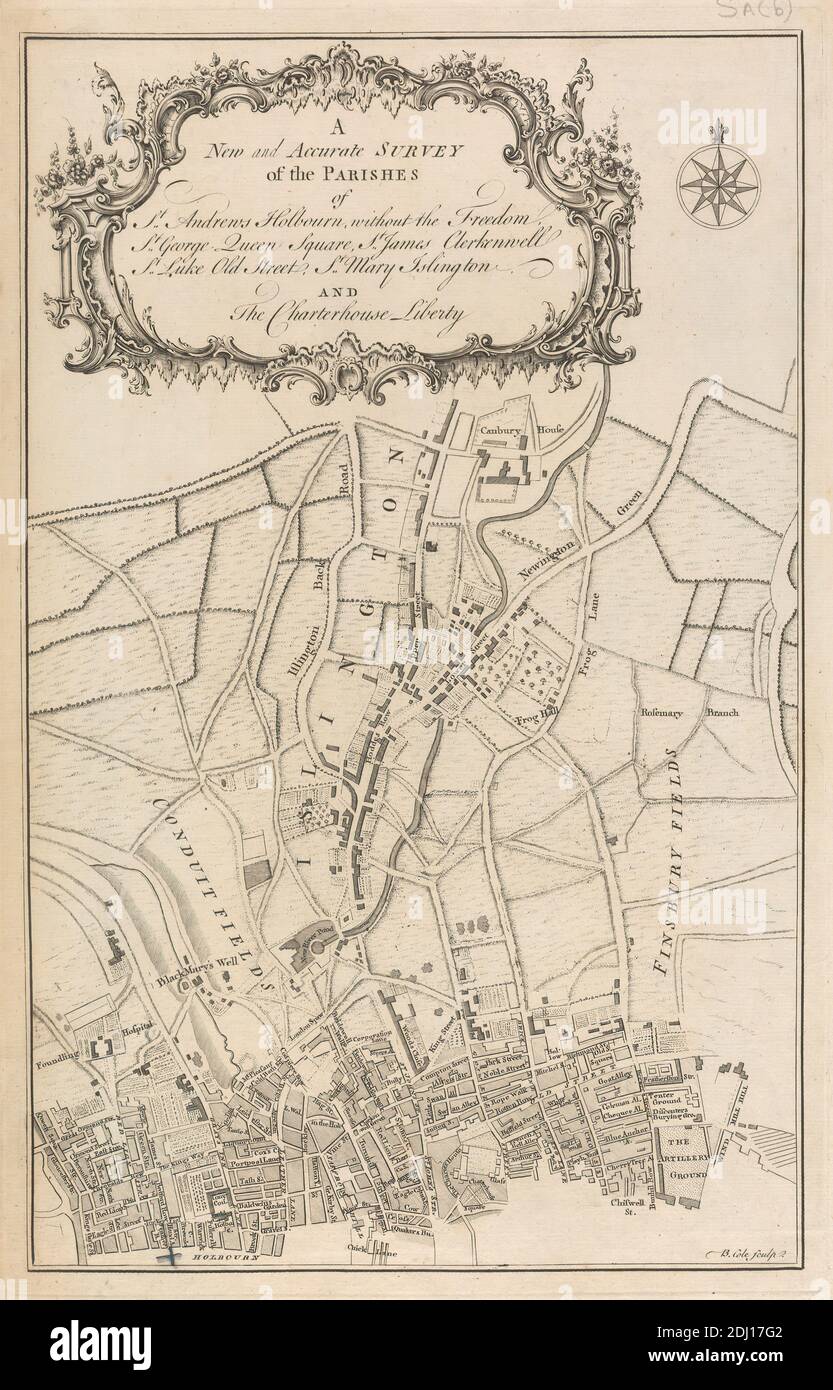 Map of the Parishes of St. Andrews, Holborn, St. Georges, St. James, St. Luke, St. Mary and The Charterhouse Liberty, Benjamin Cole, 1697–1783, British, after unknown artist, undated, Engraving Stock Photo