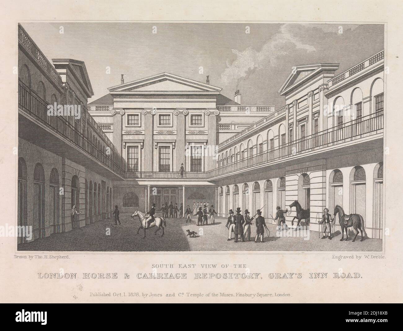 London Horse and Carriage Repository, Gray's Inn Road, William Deeble, active 1814–1849, British, after Thomas Hosmer Shepherd, 1792–1864, British, 1822, Engraving Stock Photo