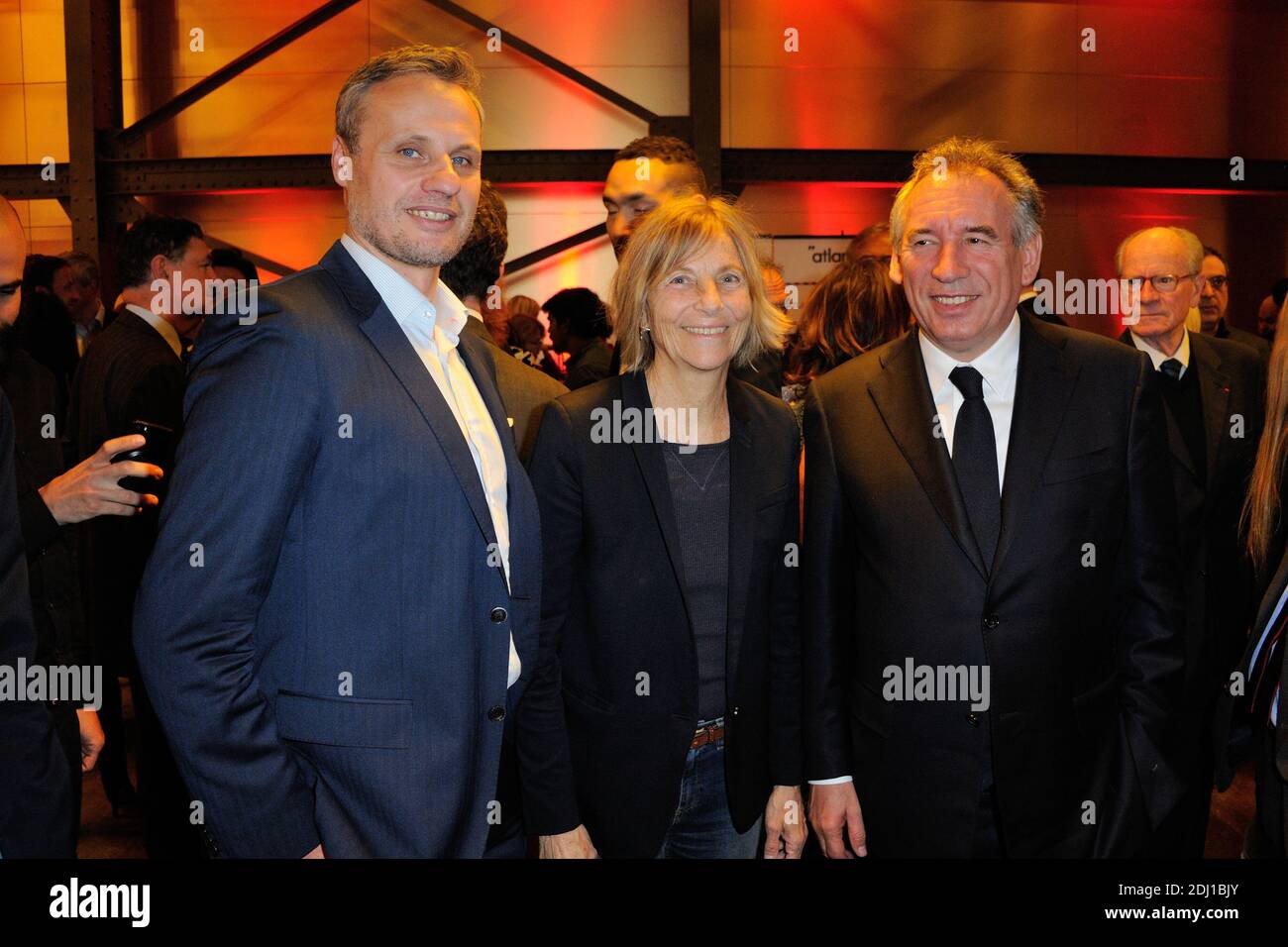 Marielle de Sarnez, Francois Bayrou, Jean-Sebastien Ferjou attending the  Atlantico 5th Anniversary at Cafe Campana at Musee d'Orsay in Paris,  France, on May 24, 2016. Photo by Alban Wyters/ABACAPRESS.COM Stock Photo -