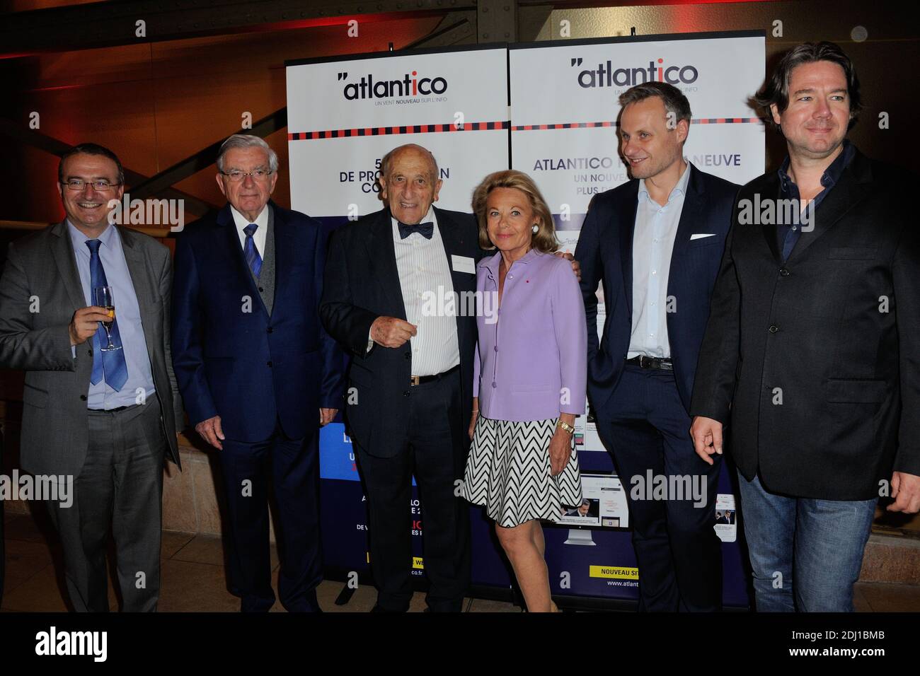 Herve Mariton, Jean-Pierre Chevenement, Sophie De Menthon, Gerard Lignac,  Jean-Sebastien Ferjou attending the Atlantico 5th Anniversary at Cafe  Campana at Musee d'Orsay in Paris, France, on May 24, 2016. Photo by Alban