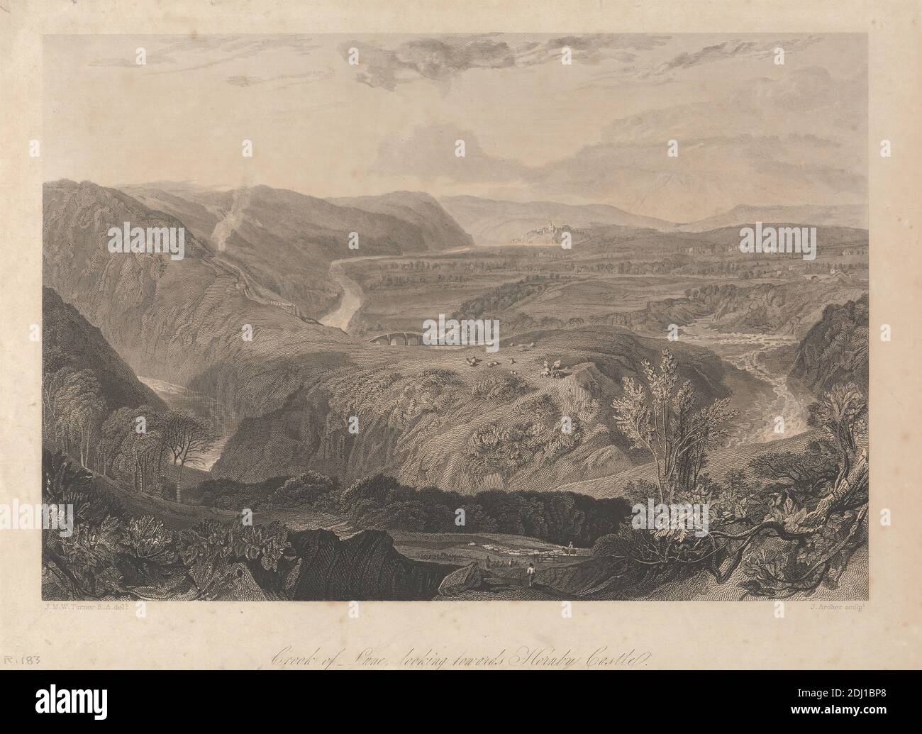 Crook of the Lune, Looking Towards Hornby Castle, Print made by John Wykeham Archer, 1808–1864, British, after Joseph Mallord William Turner, 1775–1851, British, 1821, Line engraving and etching on moderately thick, slightly textured, cream, laid paper, Sheet: 9 1/16 × 12 5/8 inches (23 × 32.1 cm) and Image: 7 9/16 × 11 inches (19.2 × 27.9 cm Stock Photo