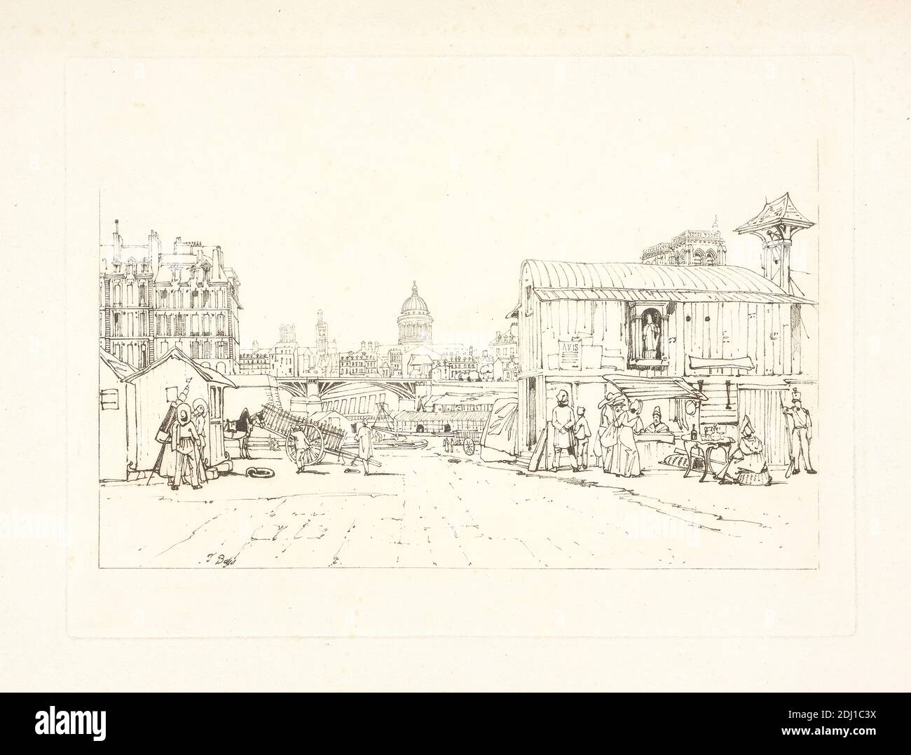 Quayside, Notre Dame in Distance, Print made by Thomas Shotter Boys, 1803–1874, British, undated, Soft-ground etching on moderately thick, slightly textured, cream wove paper, Sheet: 13 7/16 x 19 15/16 inches (34.2 x 50.6 cm), Plate: 9 3/16 x 12 1/2 inches (23.4 x 31.8 cm), and Image: 6 13/16 x 11 7/16 inches (17.3 x 29 cm), architectural subject, bags (containers), bell, bridge (built work), buildings, campanile, carts, cathedral, city, cityscape, coats, containers (receptacles), dome, dresses, figures, genre subject, Grand Tour, guard, hats, horse (animal), labor, market (event), marketplace Stock Photo