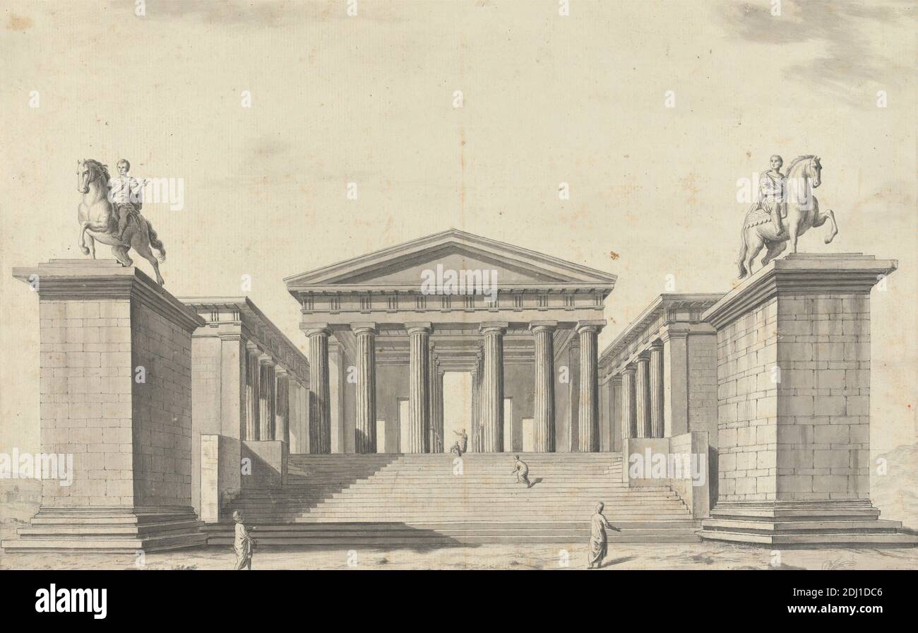 Views in the Levant: Temple of Pergamon (?) with Statues of Horsemen on Plinths at Each Side of the Steps, unknown artist, ca. 1785, Pen in gray ink, over graphite with gray wash on medium, moderately textured, cream, laid paper, mounted on moderately thick, smooth, brown, wove paper, Sheet: 10 1/2 × 16 7/8 inches (26.7 × 42.9 cm), architectural subject, horsemen, plinths, statues, steps, temple, Aeolis, Asia, Ege kiyilari, Izmir Ili, Pergamon, Turkey, Türkiye Stock Photo