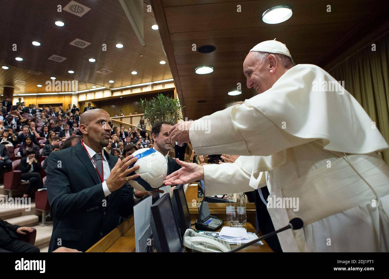 Pope Francis receives a soccer ball at a meeting with the Scholas Occurrentes , an educational organization founded by pope Francis, on May 29, 2016 at the Vatican. The foundation, whose name means 'schools that meet' in Spanish, links technology with the arts, aiming at social integration and a cultural of peace. Francis had created a similar organisation when he was Cardinal Jorge Bergoglio in Buenos Aires, but Scholas has now become an international foundation working out of the Vatican. Photo by ABACAPRESS.COM Stock Photo