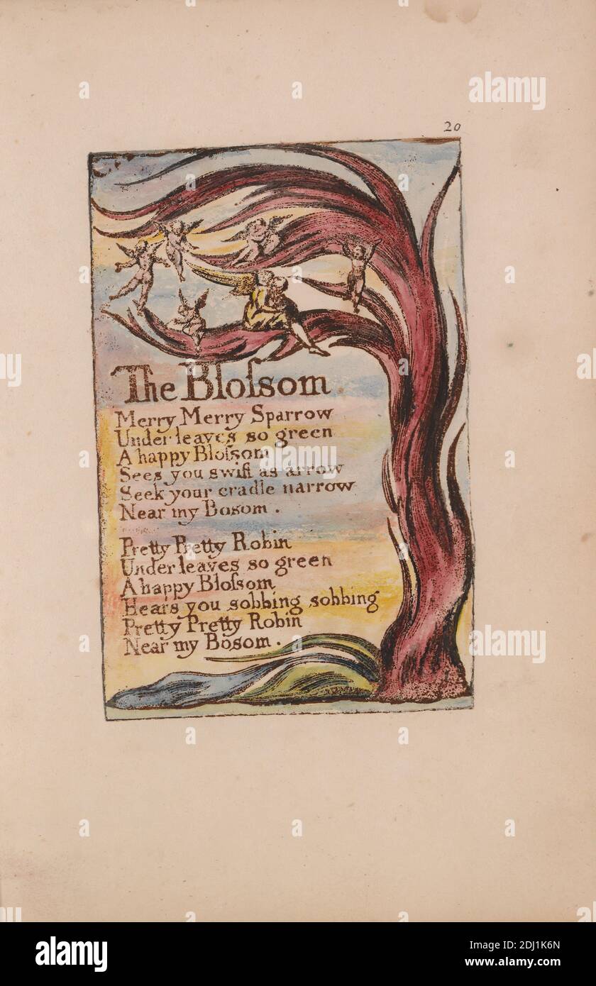 Songs of Innocence and of Experience, Plate 20, 'The Blossom' (Bentley 11), Print made by William Blake, 1757–1827, British, 1789 to 1794, Relief etching printed in dark-brown with pen and black ink and watercolor on moderately thick, slightly textured, cream wove paper, Sheet: 7 1/8 x 5 inches (18.1 x 12.7 cm), Plate: 4 3/8 x 2 7/8 inches (11.1 x 7.3 cm), and Spine: 7 3/8 inches (18.7 cm), angels, book, cherubs, children, clouds, leaf, literary theme, mother, plant, reading, text, tree, wings, women Stock Photo