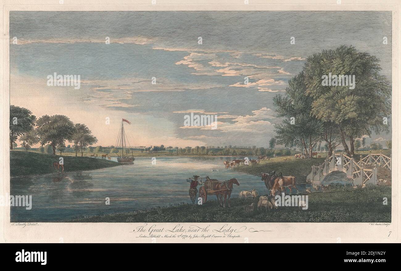 The Great Lake near the Lodge, William Austin, 1721–1820, British, after Thomas Sandby RA, 1721–1798, British, 1772, Hand colored engraving, Sheet: 13 3/4 x 23in. (34.9 x 58.4cm Stock Photo