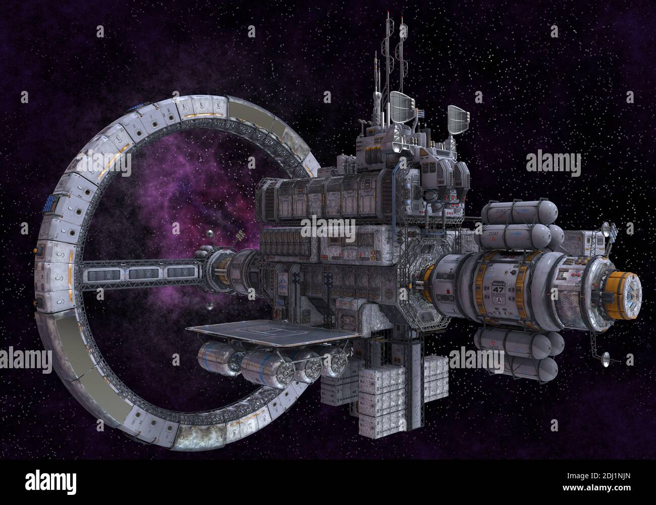 3D illustration future space station in deep space Stock Photo - Alamy