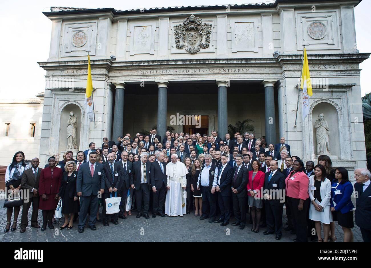 Pope Francis made an unexpected appearance at the Judges' Summit on Human Trafficking and Organized Crime, a two day conference taking place in the Vatican and organized by the Pontifical Academy of Social Sciences on June 3, 2016. Speaking to judges and prosecutors from around the world, the Holy Father asked them 'to fulfill their vocation and their crucial mission to establish justice without which there is neither order nor sustainable and integral development, for social peace'. Photo by ABACAPRESS.COM Stock Photo