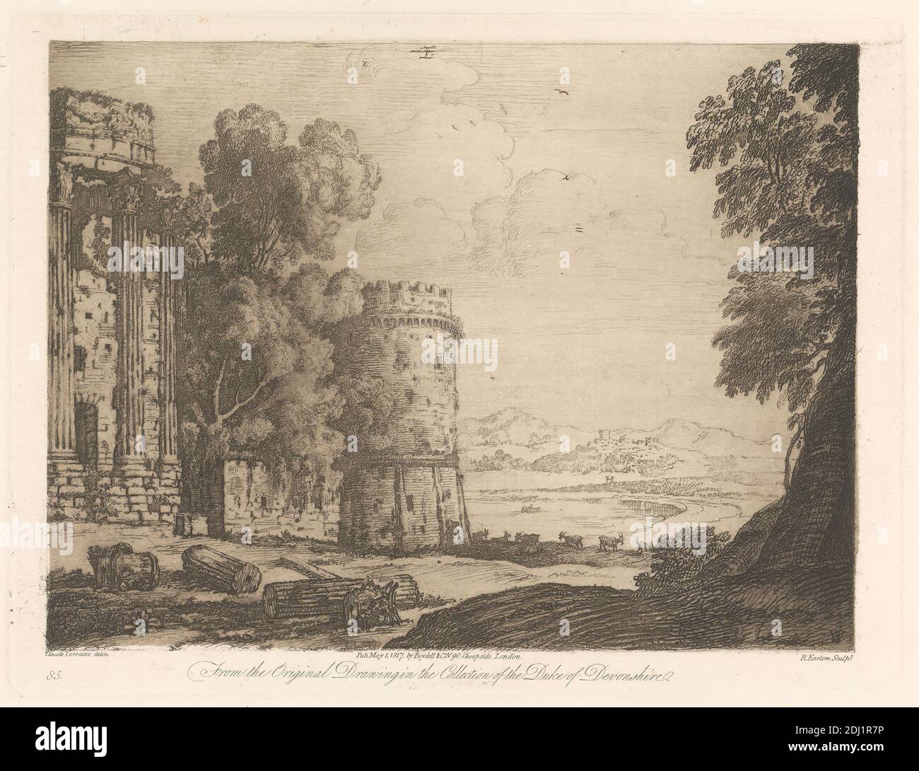 Landscape with Ruins, Print made by Richard Earlom, 1743–1822, British, after Claude Lorrain, 1600–1682, French, Published by Boydell & Co., 1720–1804, British, 1817, Etching and mezzotint in brown ink on moderately thick, slightly textured, cream wove paper, Sheet: 10 9/16 x 16 5/8 inches (26.8 x 42.2 cm), Plate: 8 7/16 x 11 1/8 inches (21.5 x 28.3 cm), and Image: 7 5/8 x 10 1/16 inches (19.3 x 25.5 cm), animals, architectural subject, bridge (built work), castle, columns (architectural elements), figure, fortress, goats, grazing, landscape, pillars, river, road, rowboat, ruins, temple, trees Stock Photo