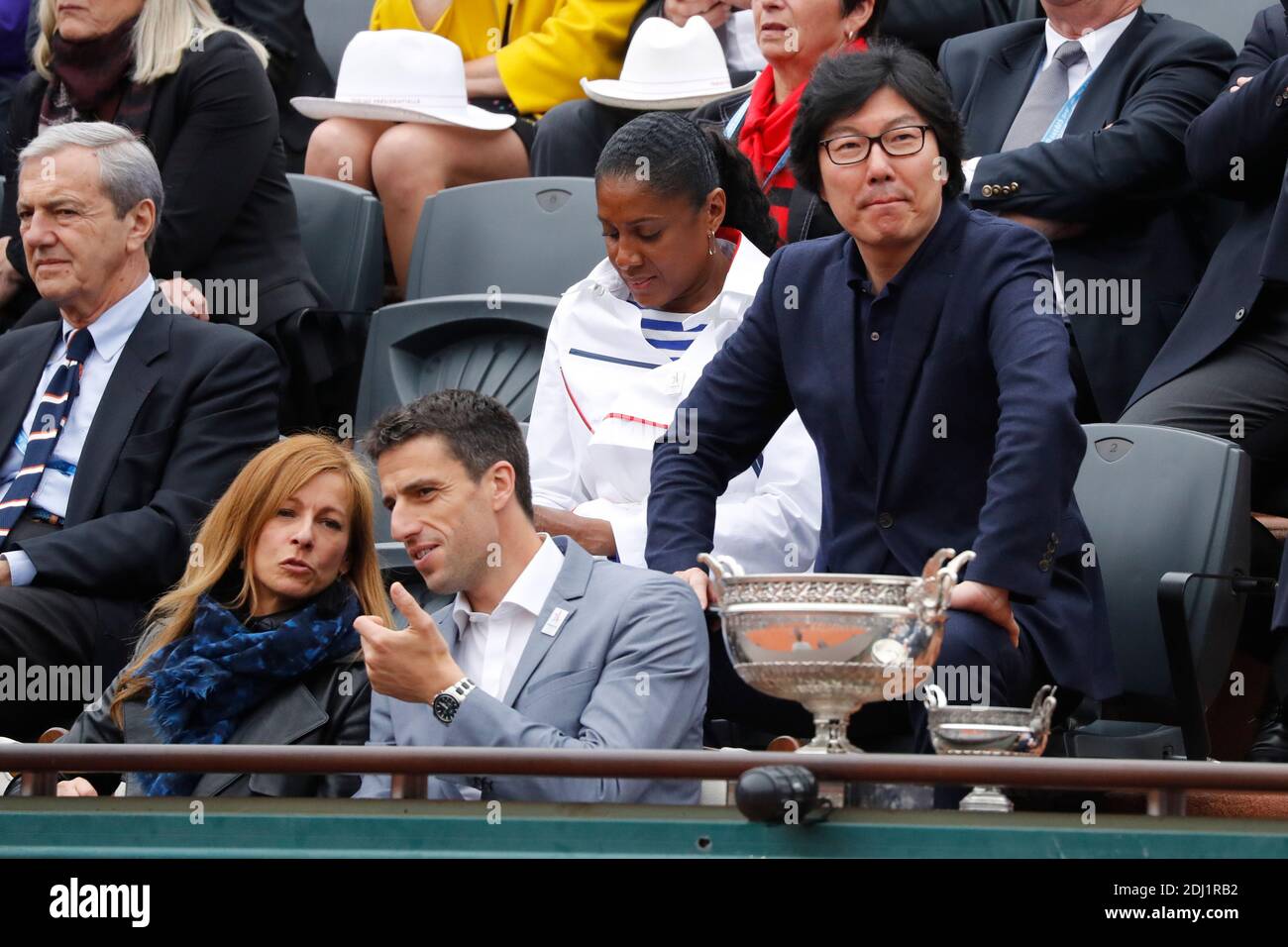 Anne Graven, Tony Estanguet, Marie-José Perec and Jean-Vincent Place  watching Serbia's Novak Djokovic winning the Final against United Kingdom's  Andy Murray at the 2016 BNP Paribas tennis French Open at Roland-Garros  Stadium,