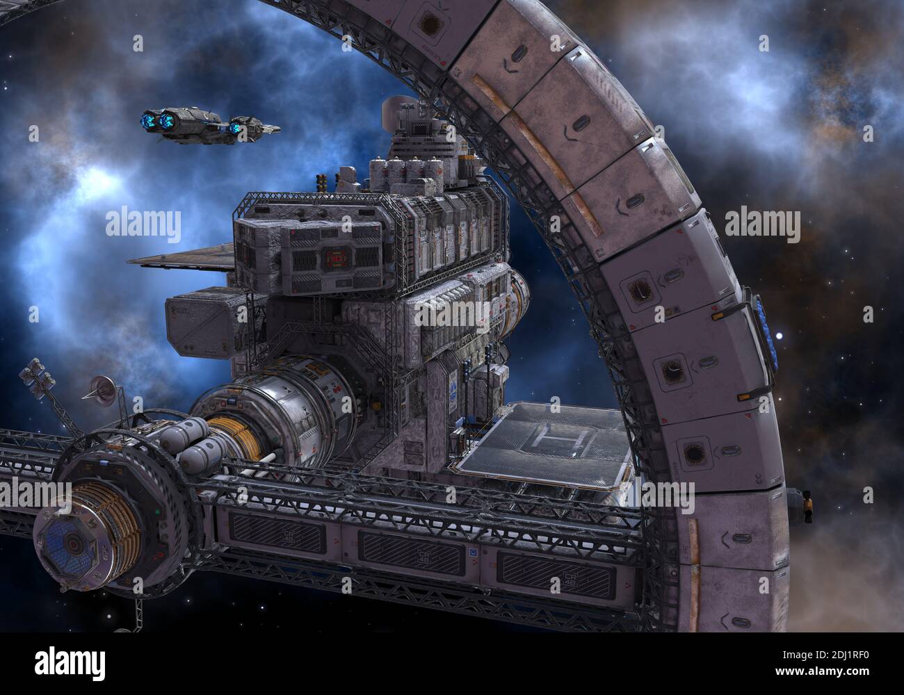 3D illustration future space station in deep space Stock Photo - Alamy