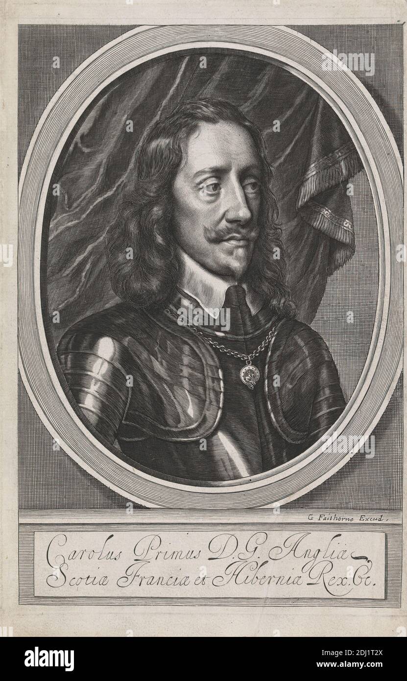 Charles I, Print made by William Faithorne, ca. 1620–1691, British, 1658, Line engraving on medium, slightly textured, cream laid paper, Sheet: 10 1/2 x 6 3/4 inches (26.7 x 17.1 cm) and Image: 9 1/2 x 6 3/8 inches (24.1 x 16.2 cm), armor, beard, locket, man, moustache, portrait Stock Photo