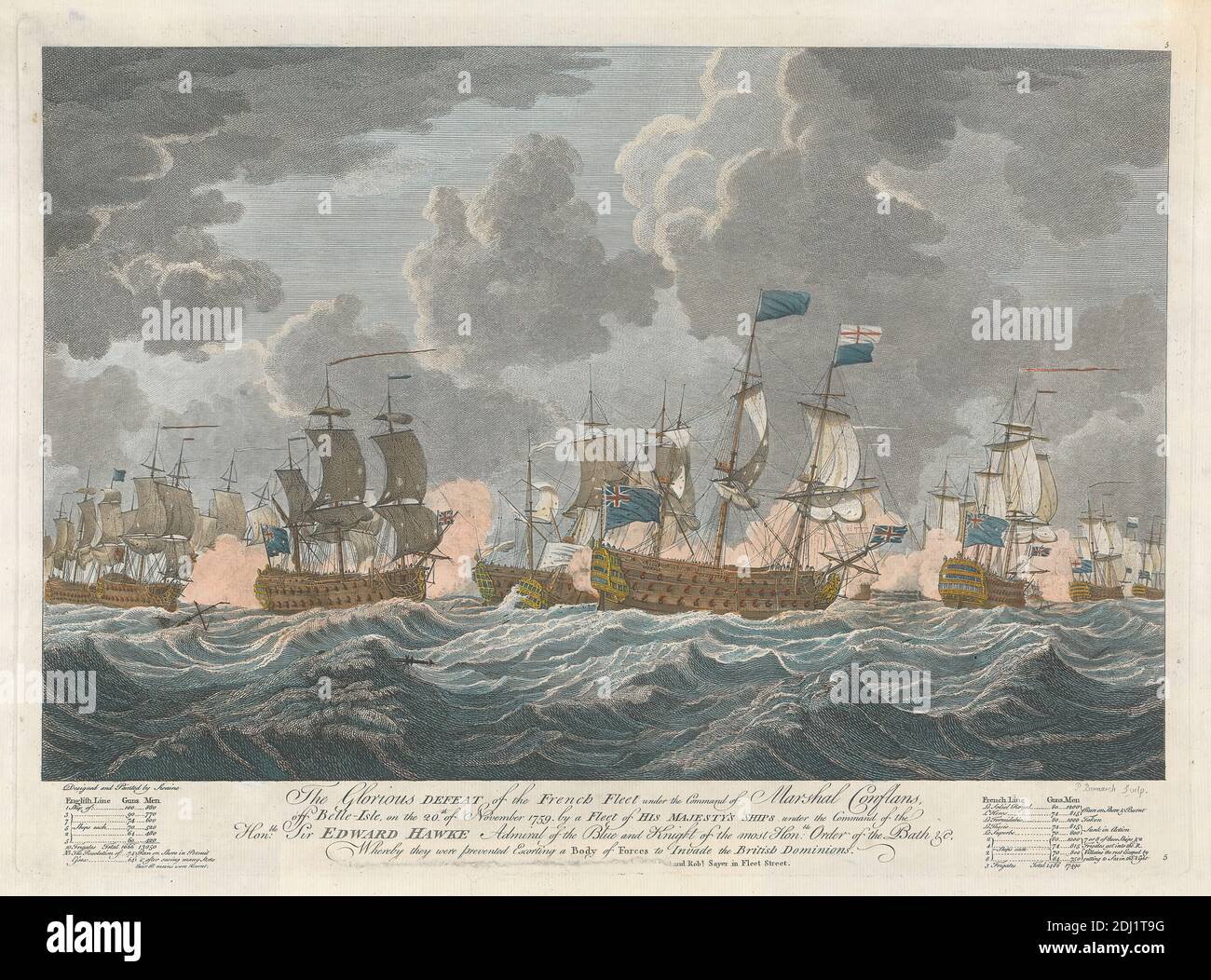 The Glorious Defeat of the French Fleet under the Command of Marshal Conflans, off Belle-Isle, on the 20th of November, 1759, ..., Print made by Peter P. Benazech, 1767–1794, after Francis Swaine, 1730–1782, British, Published by Robert Sayer, 1725–1794, British, Published by Henry Parker, 1725–1809, British, ca. 1759, Line engraving and etching, hand colored on moderately thick, slightly textured, cream laid paper, Sheet: 14 3/16 x 20 11/16 inches (36 x 52.5 cm), Plate: 13 3/16 x 18 5/16 inches (33.5 x 46.5 cm), and Image: 11 7/16 x 17 1/2 inches (29 x 44.4 cm), battle, cannons, clouds Stock Photo