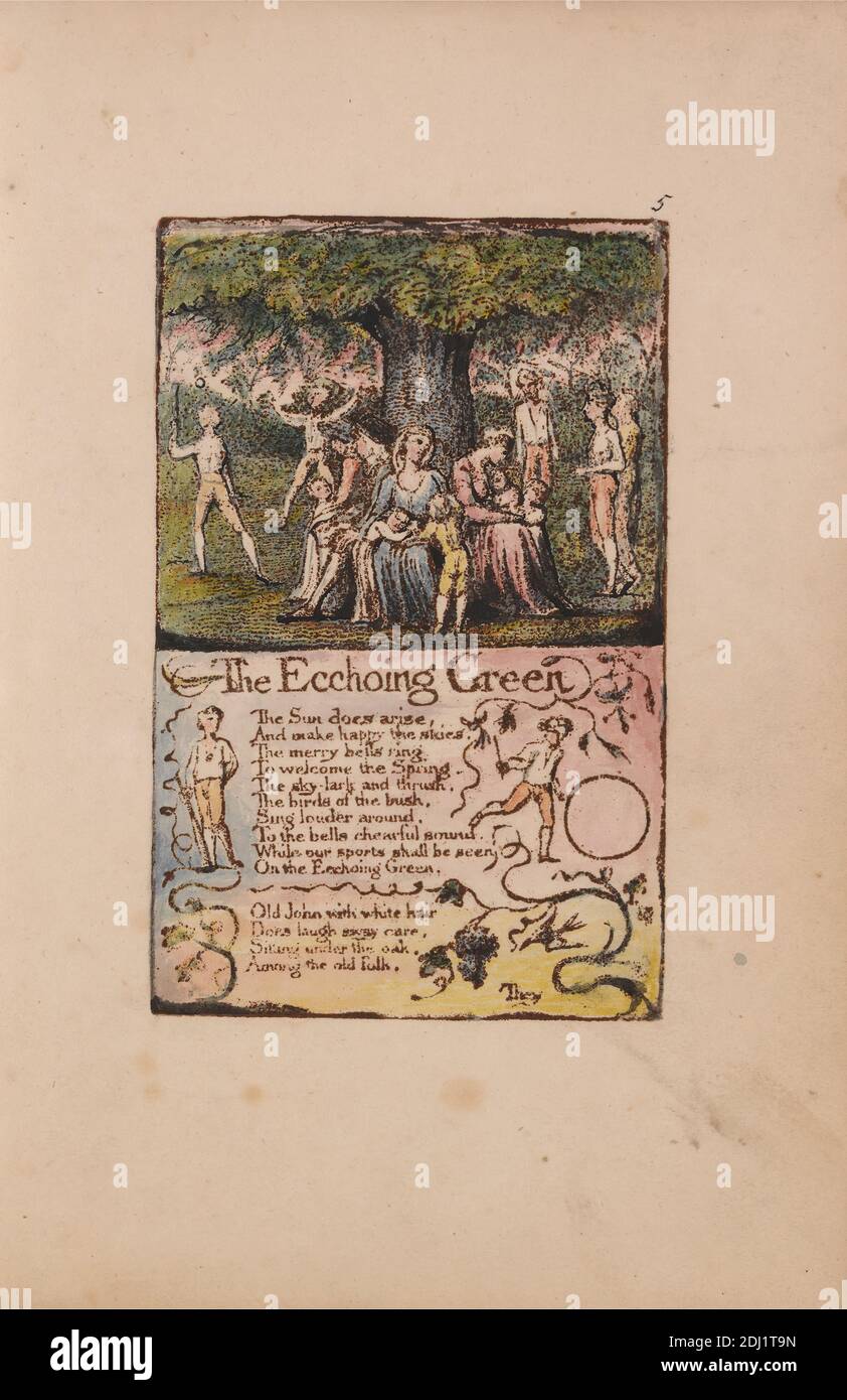 Songs of Innocence and of Experience, Plate 5, 'The Ecchoing Green' (Bentley 6), Print made by William Blake, 1757–1827, British, 1789 to 1794, Relief etching printed in dark-brown with pen and black ink and watercolor on moderately thick, slightly textured, cream wove paper, Sheet: 7 1/8 x 5 inches (18.1 x 12.7 cm), Plate: 4 1/4 x 2 3/4 inches (10.8 x 7 cm), and Spine: 7 3/8 inches (18.7 cm), ball, bat, branches, children, hoop, leaf, literary theme, men, sitting, stick, text, trees, vine, walking, women Stock Photo