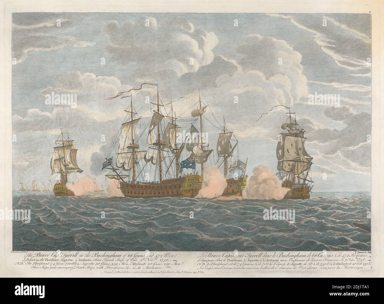 The Brave Captain Tyrrill in the Buckingham of 66 Guns and 472 Men, Defeating the Florissant, Aigrette & Atalante, Three French Ships of War, 3rd November, 1758, Print made by Peter P. Benazech, 1767–1794, after Francis Swaine, 1730–1782, British, Published by Robert Sayer, 1725–1794, British, Published by Henry Parker, 1725–1809, British, ca. 1760, Line engraving and etching, hand colored on moderately thick, slightly textured, cream laid paper, Sheet: 14 1/2 x 21 inches (36.9 x 53.4 cm), Plate: 13 3/8 x 18 5/16 inches (34 x 46.5 cm), and Image: 10 1/8 x 17 5/8 inches (25.7 x 44.7 cm), battle Stock Photo