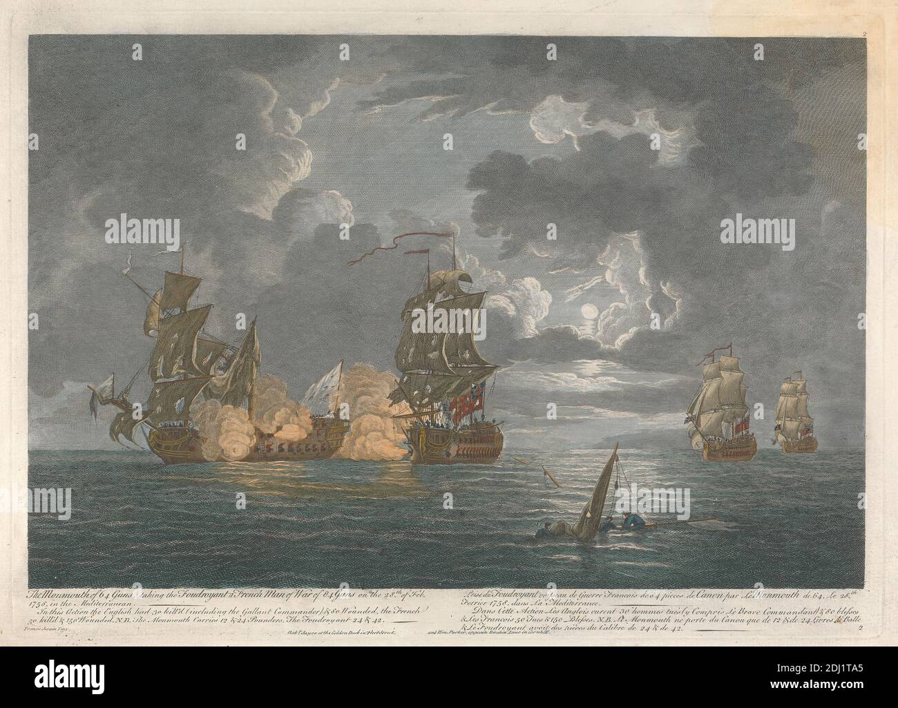 The Monmouth of 64 Guns, taking the Foudroyant a French Man of War of 84 Guns on the 28th of Feb. 1758 in the Mediterranean,...., Print made by Peter P. Benazech, 1767–1794, after Francis Swaine, 1730–1782, British, Published by Robert Sayer, 1725–1794, British, Published by Henry Parker, 1725–1809, British, ca. 1760, Line engraving and etching with hand colored ink on moderately thick, slightly textured, cream laid paper, Sheet: 14 5/8 x 21 1/16 inches (37.1 x 53.5 cm), Plate: 13 3/16 x 18 3/8 inches (33.5 x 46.7 cm), and Image: 11 5/8 x 17 11/16 inches (29.5 x 45 cm), battle, cannons, clouds Stock Photo