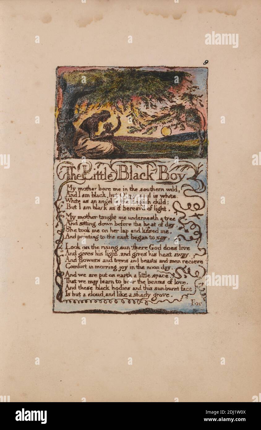 Songs of Innocence and of Experience, Plate 8, 'The Little Black Boy' (Bentley 9), Print made by William Blake, 1757–1827, British, 1789 to 1794, Relief etching printed in dark-brown with pen and black ink and watercolor on moderately thick, slightly textured, cream wove paper, Sheet: 7 1/8 x 5 inches (18.1 x 12.7 cm), Plate: 4 3/8 x 2 3/4 inches (11.1 x 7 cm), and Spine: 7 3/8 inches (18.7 cm), branches, child, children, dusk, leaf, literary theme, mother, sitting, sunset, text, tree, vine, women Stock Photo