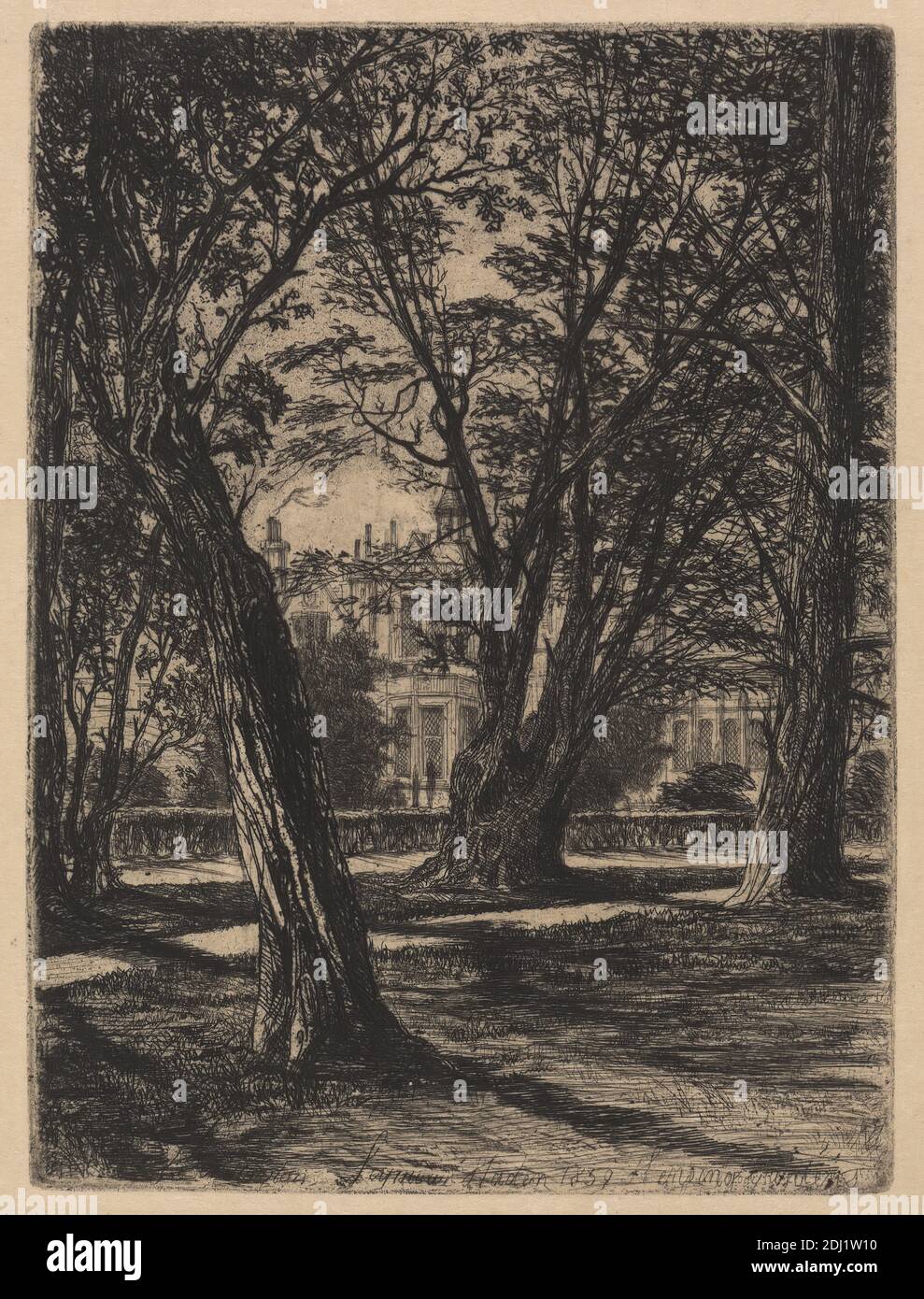 Kensington Gardens, no. 1 (small plate), Francis Seymour Haden, 1818–1910, British, 1859, Etching and drypoint, with plate tone on medium, smooth, cream Asian paper, Sheet: 8 1/8 x 5 13/16 inches (20.6 x 14.7 cm), Plate: 6 1/4 x 4 5/8 inches (15.9 x 11.8 cm), and Image: 6 1/4 x 4 5/8 inches (15.9 x 11.8 cm), architectural subject, building, chimneys, cityscape, garden, grass, hedge, house, landscape, lawn, palace, path, shadows, trees, turret, windows, England, Europe, Hyde Park, Kensington, Kensington Gardens, London, United Kingdom Stock Photo