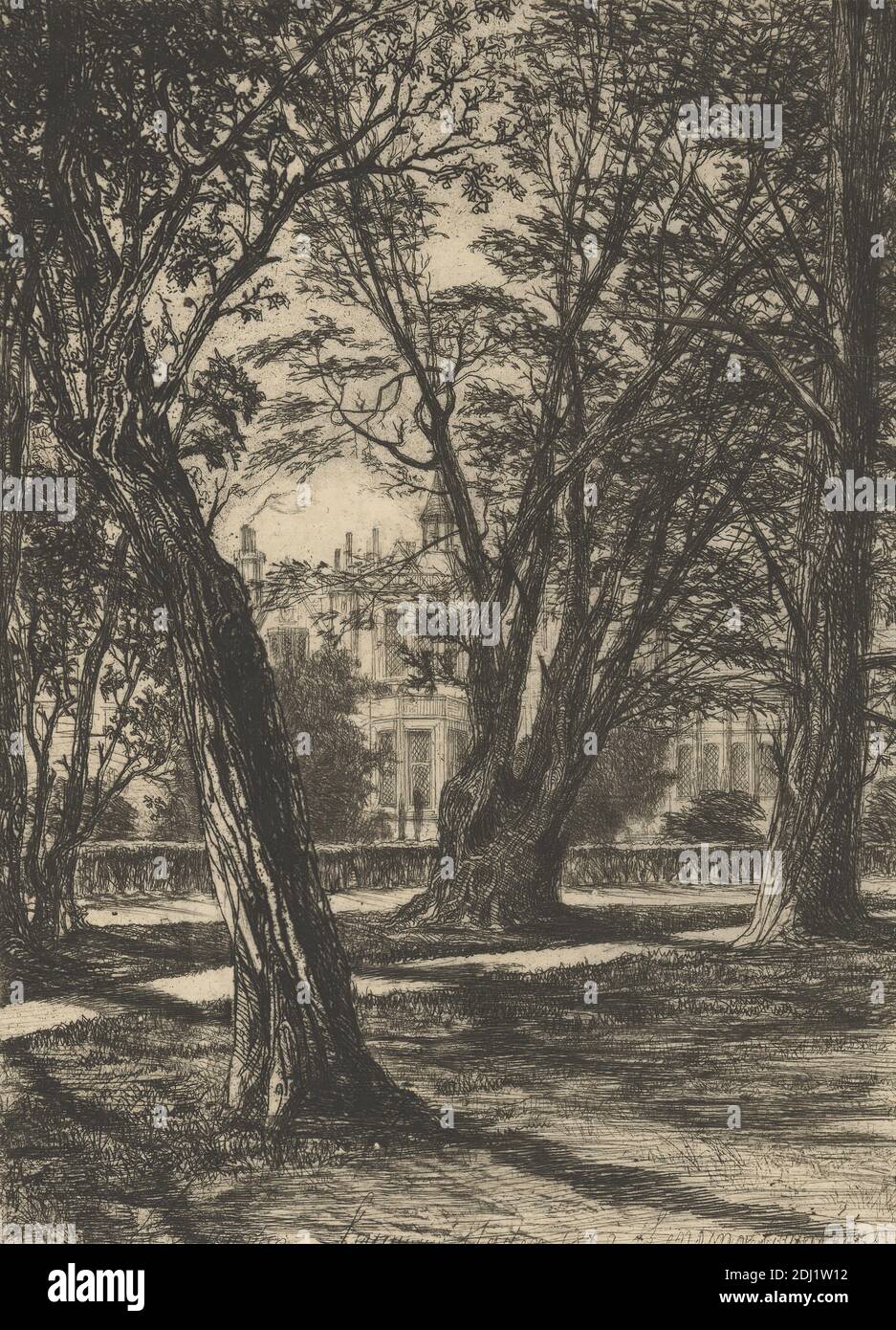 Kensington Gardens, no. 1 (small plate), Francis Seymour Haden, 1818–1910, British, 1859, Etching and drypoint, with plate tone on thin, smooth, cream laid paper, Sheet: 8 1/8 x 5 11/16 inches (20.6 x 14.4 cm), Plate: 6 1/4 x 4 5/8 inches (15.9 x 11.7 cm), and Image: 6 1/4 x 4 5/8 inches (15.9 x 11.7 cm), architectural subject, building, chimneys, cityscape, garden, grass, hedge, house, landscape, lawn, palace, path, shadows, trees, turret, windows, England, Europe, Hyde Park, Kensington, Kensington Gardens, London, United Kingdom Stock Photo