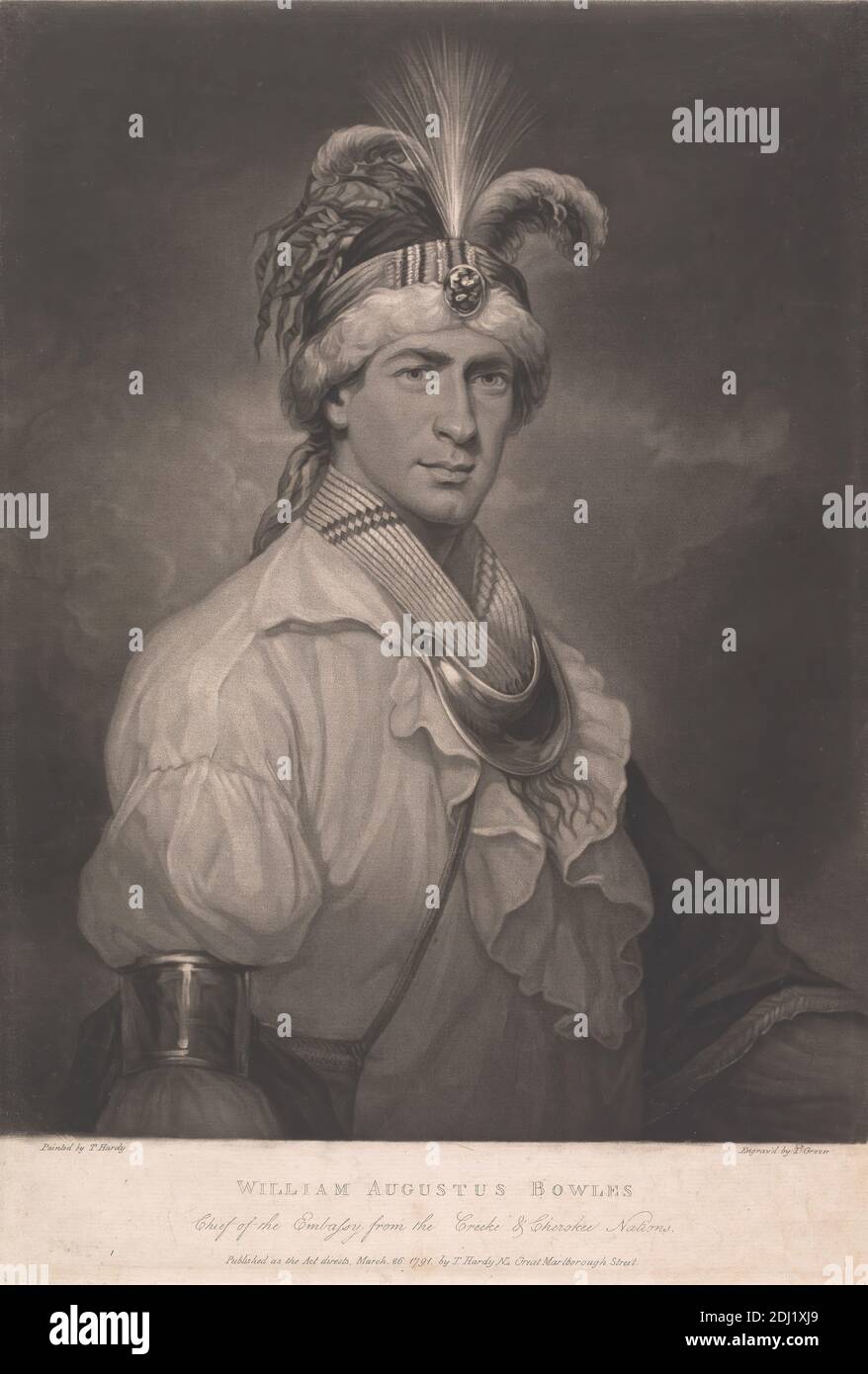 William Augustus Bowles, Chief of the Embassy from the Creeke & Cherokee Nations, Joseph Grozer, ca. 1755–1798, British, after Thomas Hardy, 1757–1805, British, Published by Thomas Hardy, 1757–1805, British, 1791, Mezzotint on moderately thick, moderately textured, cream laid paper, Sheet: 16 3/4 x 11 7/16 inches (42.5 x 29 cm) and Image: 14 3/4 x 11 5/16 inches (37.5 x 28.8 cm), aigrette, armband, band (collar), cloak, feathers, hat, jewel, man, Native American, portrait, ruffles, satchel, wampum Stock Photo