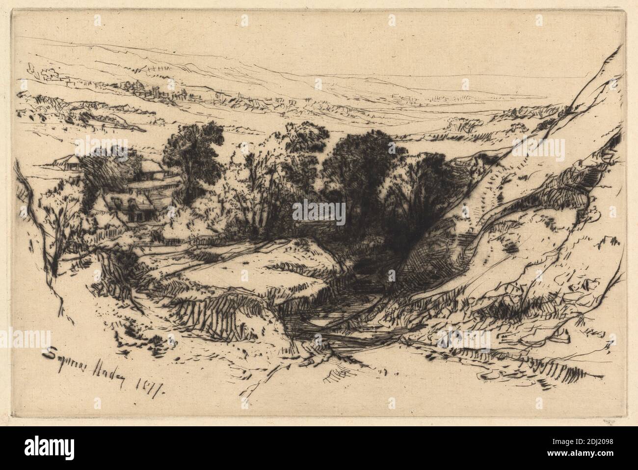 Nine Barrow Down, Francis Seymour Haden, 1818–1910, British, 1877, Etching and drypoint on medium, slightly textured, cream antique laid paper, Sheet: 8 1/16 x 11 7/8 inches (20.4 x 30.1 cm), Plate: 5 7/8 x 8 13/16 inches (14.9 x 22.4 cm), and Image: 5 7/8 x 8 13/16 inches (14.9 x 22.4 cm), buildings, cottages, distance, gorge, gully, hills, landscape, moor, river, rocks (landforms), slope, trees, valley, Dorset, England, Europe, United Kingdom Stock Photo