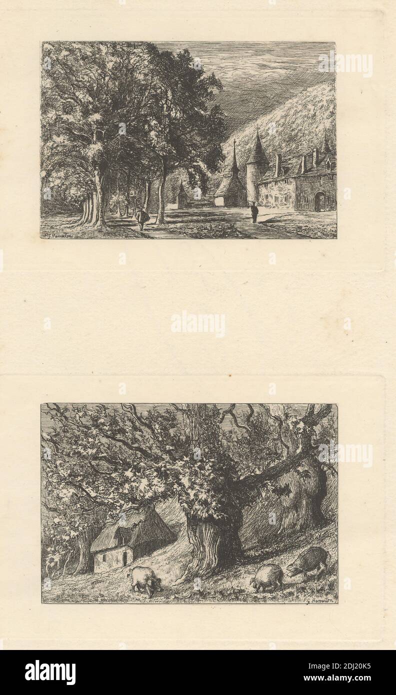 Val Sainte Veronique and Ancient Chestnuts, Print made by Philip Gilbert Hamerton, 1834–1894, British, ca. 1874, Etching and drypoint (two images) on moderately thick, moderately textured, beige laid paper, Sheet: 14 1/4 x 9 15/16 inches (36.2 x 25.3 cm), Plate: 3 15/16 x 5 7/8 inches (10 x 14.9 cm), and Image: 3 x 4 1/2 inches (7.6 x 11.4 cm), architectural subject, castle, church, genre subject, grazing, hut, illustration, landscape, livestock, men, path, pigs, rural, steeple, thatched roof, trees, walking Stock Photo