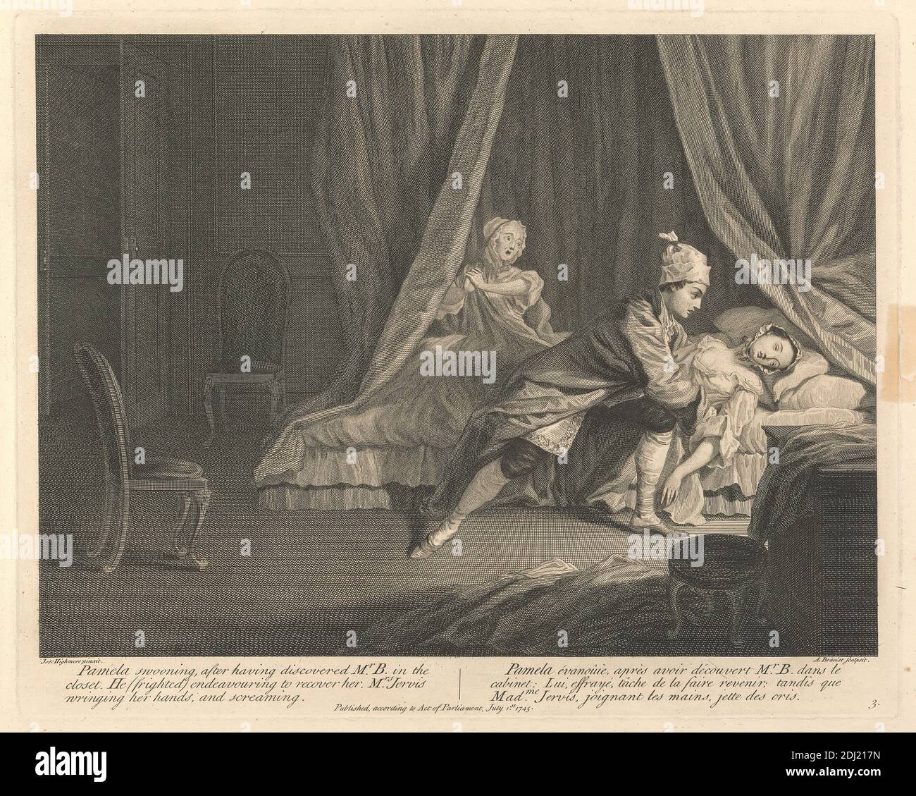 Pamela Swooning, after having discovered Mr. B. in the closet, He (frighted) endeavouring to recover her, Mrs. Jervis wringing her hands, and screaming, Print made by Guillaume Philippe Benoist, 1725–ca. 1770, French, after Joseph Highmore, 1692–1780, British, 1745, Etching with stipple engraving on medium, slightly textured, cream laid paper, Sheet: 15 1/16 x 20 1/16 inches (38.3 x 51 cm), Plate: 11 13/16 x 14 7/8 inches (30 x 37.8 cm), and Image: 10 3/8 x 14 1/8 inches (26.4 x 35.9 cm), bedroom, blankets, cap, chairs, closet, crying, drapery, fainting, fear, kissing, literary theme, man Stock Photo