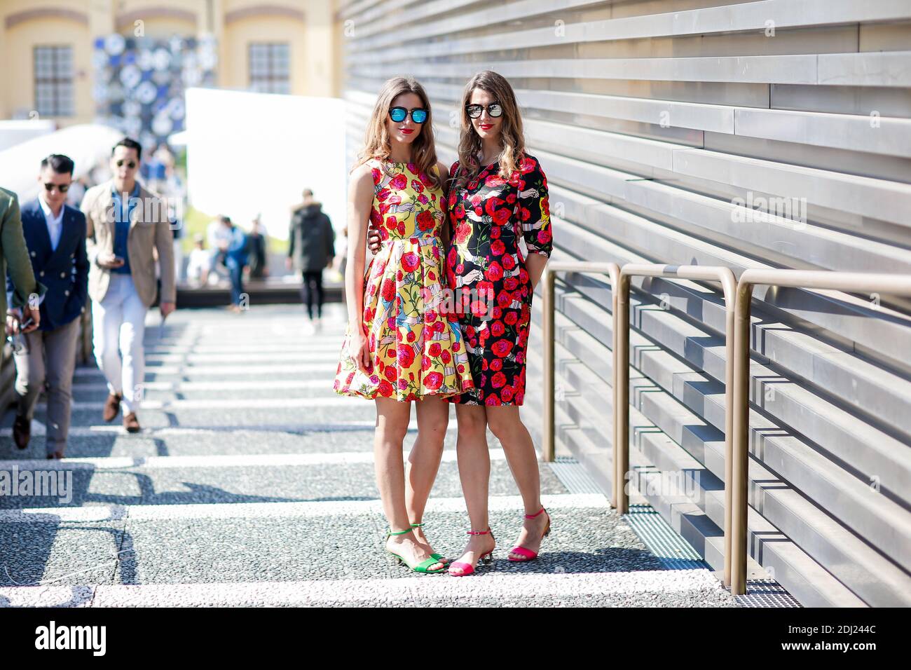 Street style, Giulia and Elena Sella (brand: Design by Gemini) at Pitti  Uomo 90 held at Fortaleza Da Basso, in Florence, Italy, on June 15th, 2016.  Photo by Marie-Paola BERTRAND-HILLION / ABACAPRESS.COM