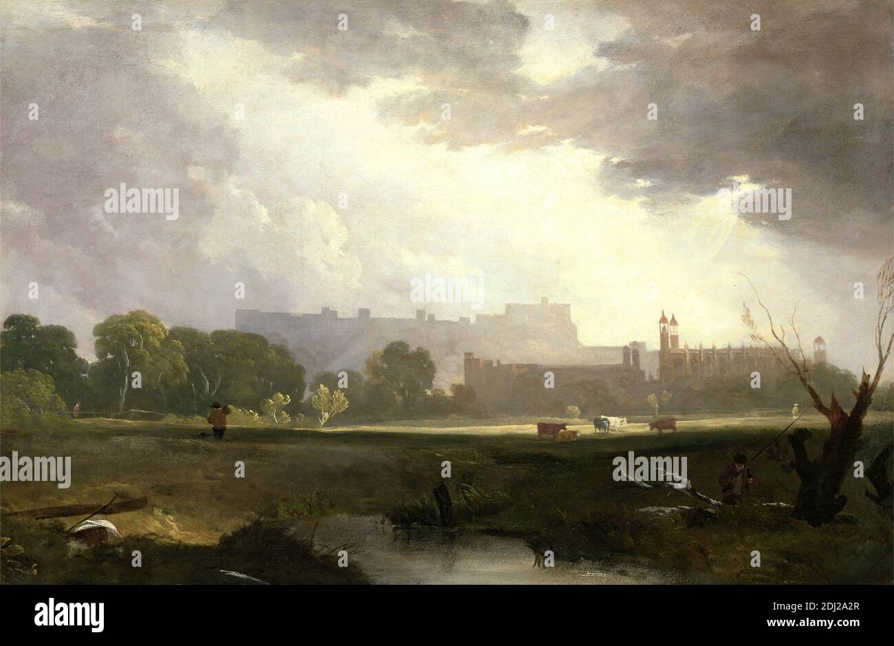 Windsor from Eton, Sir Augustus Wall Callcott, 1779–1844, British, between 1808 and 1809, Oil on canvas, Support (PTG): 29 1/2 x 44 1/4 inches (74.9 x 112.4 cm), castle, cattle, clouds, landscape, light, meadow, pond, river, sky, skyline, Berkshire, England, Eton, Thames, United Kingdom, Windsor, Windsor Castle Stock Photo