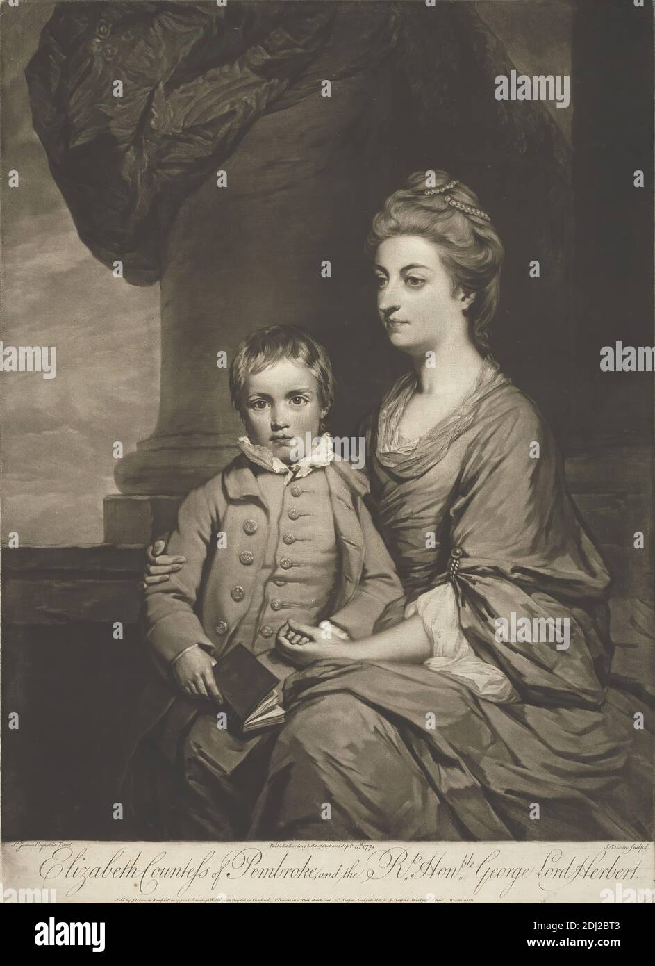 Elizabeth, Countess of Pembroke, and the Rt. Honble. George, Lord Herbert, Print made by John Dixon, ca. 1740–1811, Irish, after Sir Joshua Reynolds RA, 1723–1792, British, Published by John Dixon, ca. 1740–1811, Irish, Published by Josiah Boydell, 1752–1817, British, Published by Carington Bowles, 1724–1793, British, Published by Thomas Burford, ca. 1710–after 1774, British, Published by S. Hooper, active 1766–1788, British, 1771, Mezzotint on moderately thick, slightly textured, beige laid paper, Sheet: 17 15/16 x 13 inches (45.6 x 33 cm) and Image: 16 5/8 x 12 7/8 inches (42.2 x 32.7 cm Stock Photo