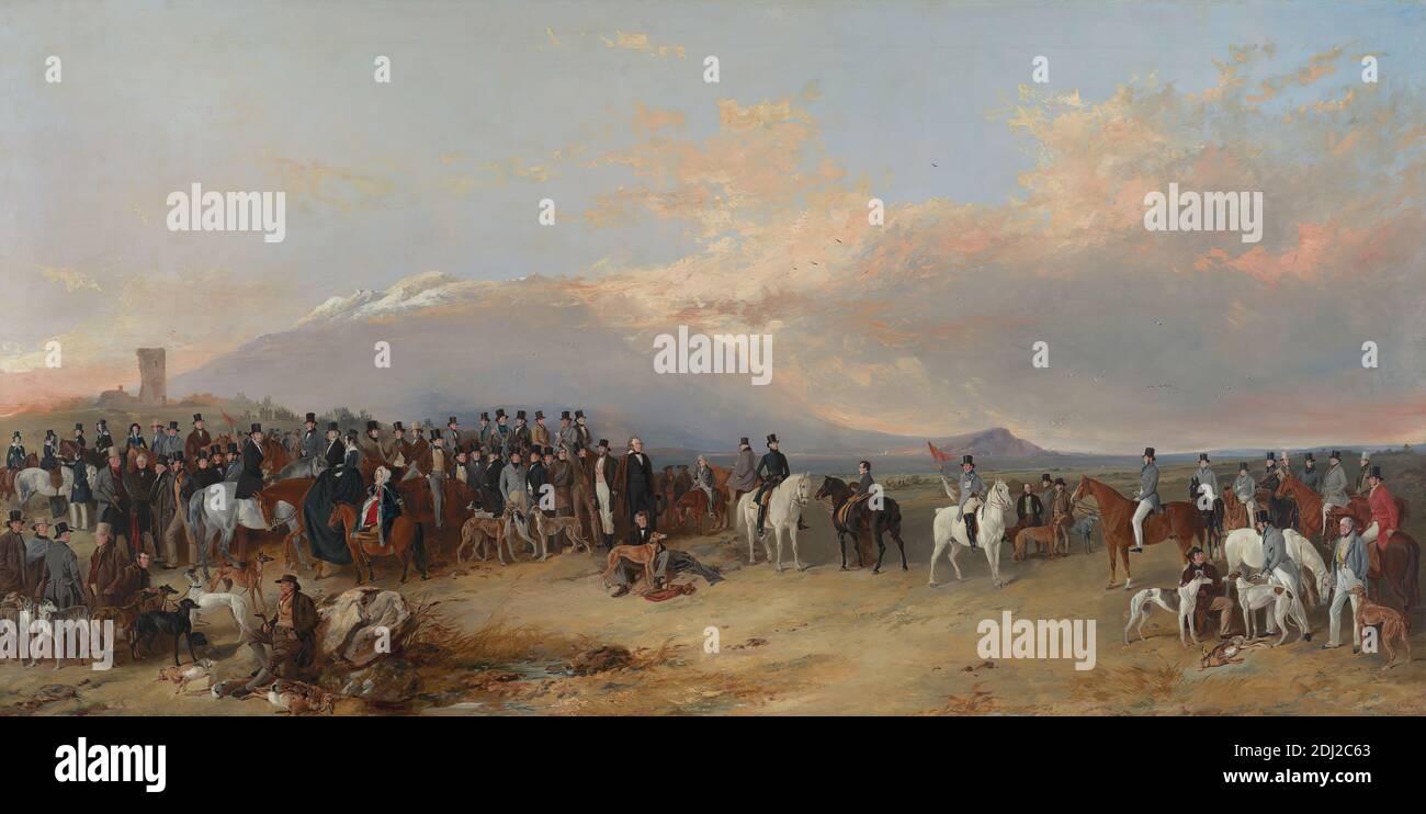 The Caledonian Coursing Meeting, Richard Ansdell, 1815–1885, British, 1844, Oil on canvas, Support (PTG): 61 1/8 × 119 15/16 inches (155.3 × 304.6 cm), castle, club (association), costume, dogs (animals), estuary, field, greyhounds (breed), horses (animals), hunters, hunting, island, landscape, meeting, men, mountains, rabbits, riders, horseback, sporting art, Ardrossan, Arran, Island of, Clyde, Firth of, North Ayrshire, Scotland, United Kingdom Stock Photo