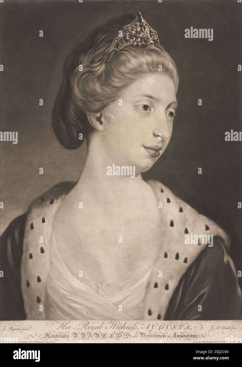 Her Royal Highness, Augusta, Hereditary Princess of Brunswick and Lunenburg, James McArdell, ca. 1729–1765, Irish, after Sir Joshua Reynolds RA, 1723–1792, British, 1764, Mezzotint, Sheet: 19 11/16 x 13 15/16 inches (50 x 35.4 cm) and Frame: 29 1/4 x 23 5/16 inches (74.3 x 59.2 cm), portrait Stock Photo