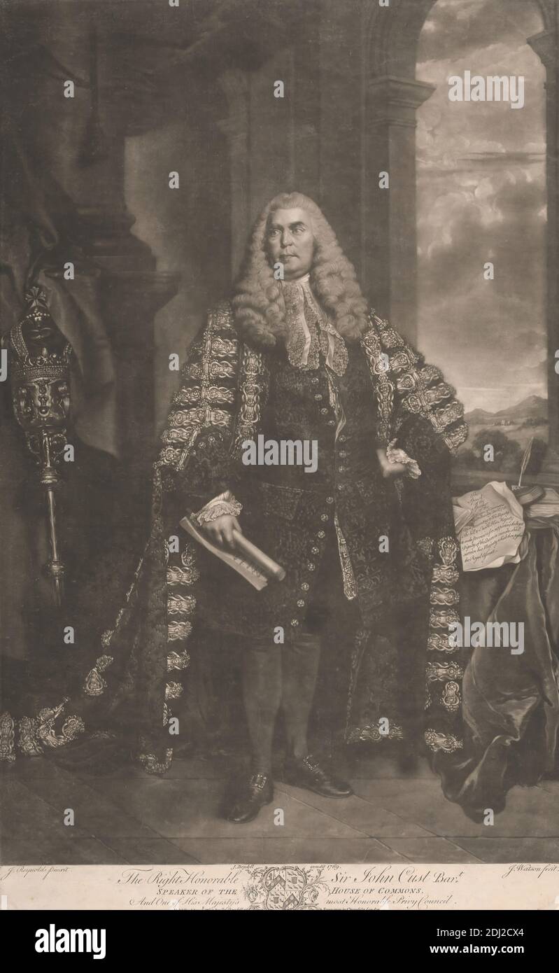 Right Honourable Sir John Cust, 3rd Baronet, Speaker of the House of Commons, James Watson, 1740–1790, British, after Sir Joshua Reynolds RA, 1723–1792, British, 1769, Mezzotint on medium, moderately textured, beige, laid paper, Sheet: 24 3/16 × 15 1/16 inches (61.4 × 38.3 cm) and Image: 22 7/8 × 15 inches (58.1 × 38.1 cm Stock Photo