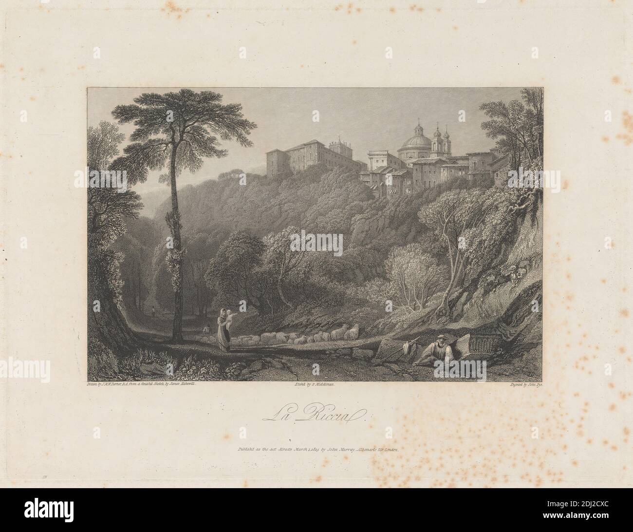 La Riccia, John Pye, 1782–1874, British, Samuel Middiman, ca. 1750–1831, British, after Joseph Mallord William Turner, 1775–1851, British, 1819, Etching and engraving on moderately thick, slightly textured, cream, wove paper, Sheet: 10 1/2 × 14 3/8 inches (26.7 × 36.5 cm), Plate: 9 × 11 7/8 inches (22.9 × 30.2 cm), and Image: 5 5/8 × 8 11/16 inches (14.3 × 22.1 cm Stock Photo