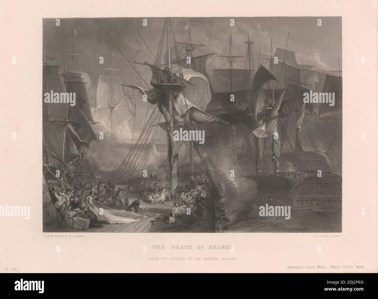 The Death of Nelson, Print made by James Baylis Allen, 1803–1876, British, after Joseph Mallord William Turner, 1775–1851, British, between 1859 and 1879, Steel engraving, historical subject, marine art Stock Photo
