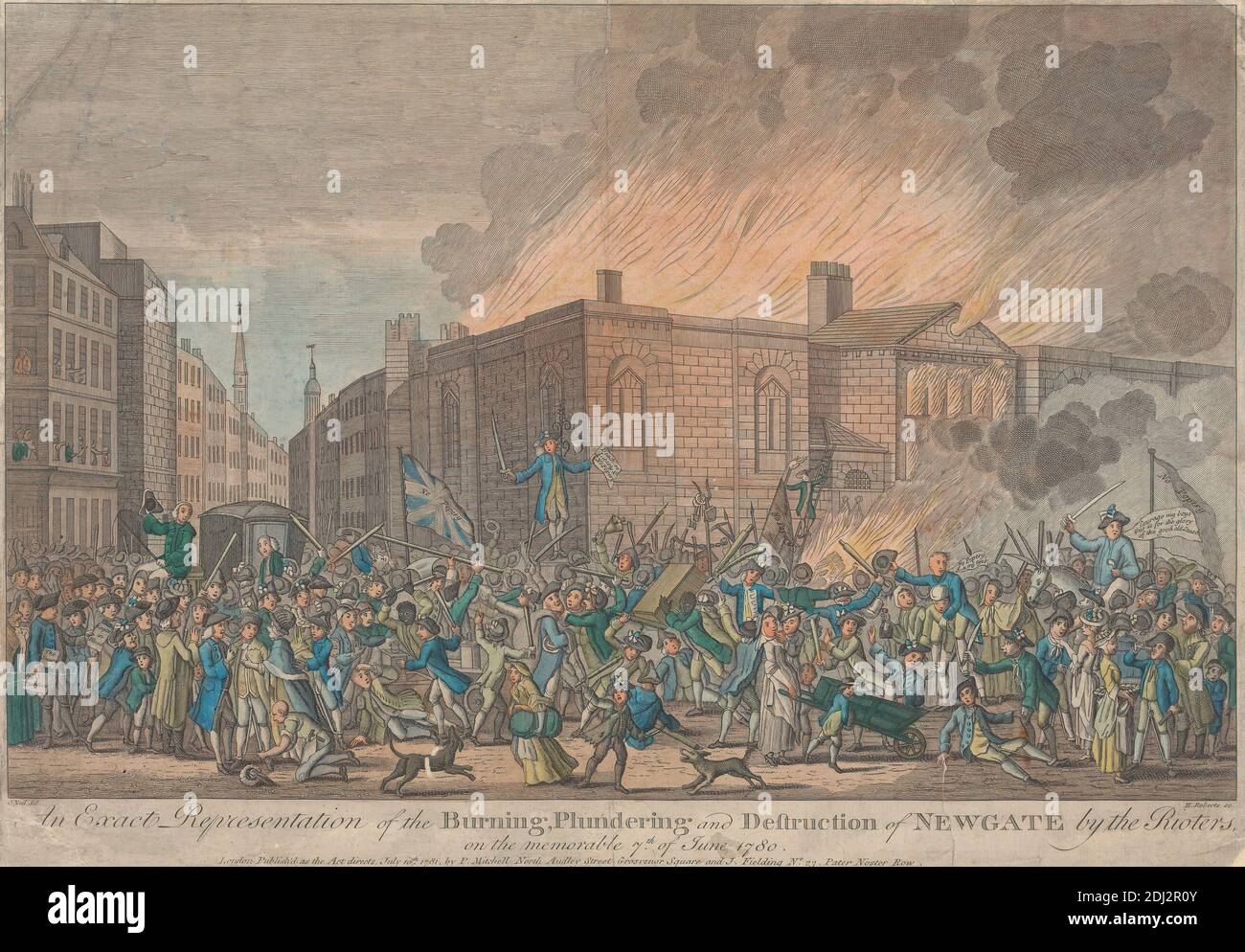 An Exact Representation of the Burning, Plundering, and Destruction of Newgate by the Rioters, Henry Roberts, c.1710–1790, after Jeffrey O'Neal, active 1763–1772, 1780, Hand colored engraving Stock Photo