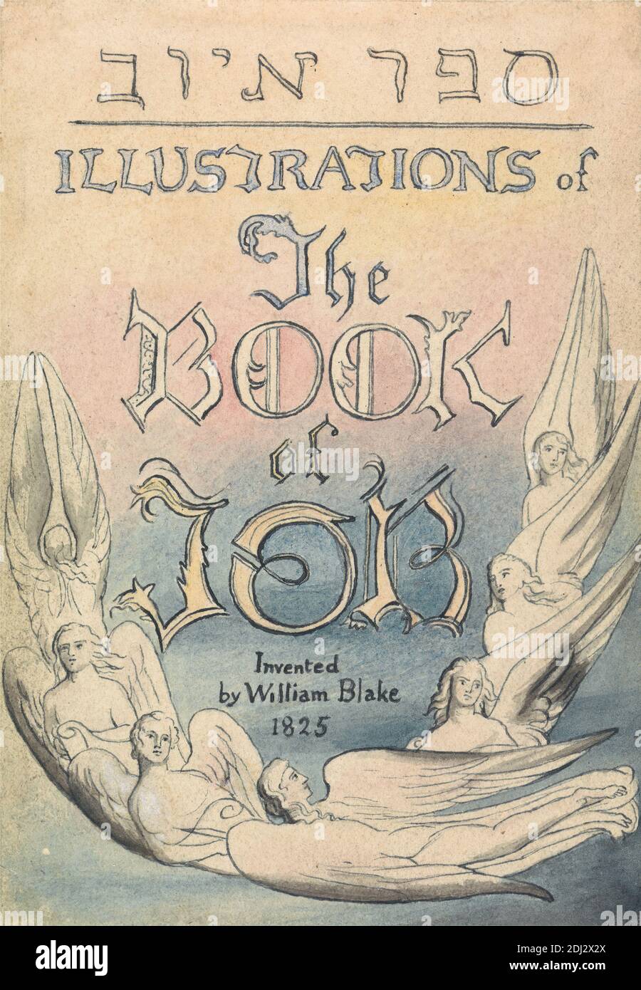 Title Page: Illustrations of the Book of Job, circle of John Linnell, 1792–1882, British, after William Blake, 1757–1827, British, after 1825, Watercolor and black ink on moderately thick, slightly textured, cream wove paper, Sheet: 5 x 3 1/2 inches (12.7 x 8.9 cm), angels, frontispiece (illustration), illustrations, Old Testament, religious and mythological subject Stock Photo