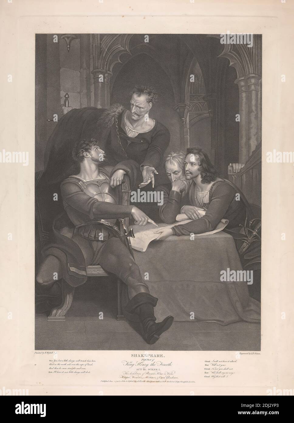 King Henry IV: Part I, Act III, Scene i, The Archdeacon of Bangor's House in Wales. Hotspur, Worcester, Mortimer, & Owen Glendower, Peter Simon, 1750–1810, after Richard Westall, 1765–1836, British, 1795, Engraving, Sheet: 15 3/4 x 21 7/8in. (40 x 55.6cm Stock Photo