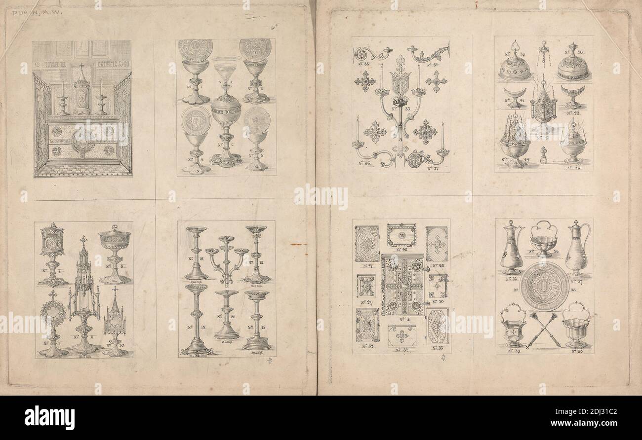 Eight Groups of Designs for Gothic holy Objects, Print made by Augustus Welby Northmore Pugin, 1812–1852, British, after Augustus Charles Pugin, 1762–1832, French, undated, Black ink on moderately thick, smooth, cream wove paper, Sheet: 9 7/8 × 16 1/8 inches (25.1 × 41 cm), altar, architectural subject, candle branches, candlesticks, chalices, designs, Gothic (Medieval), pitchers, sacred objects, thurible Stock Photo