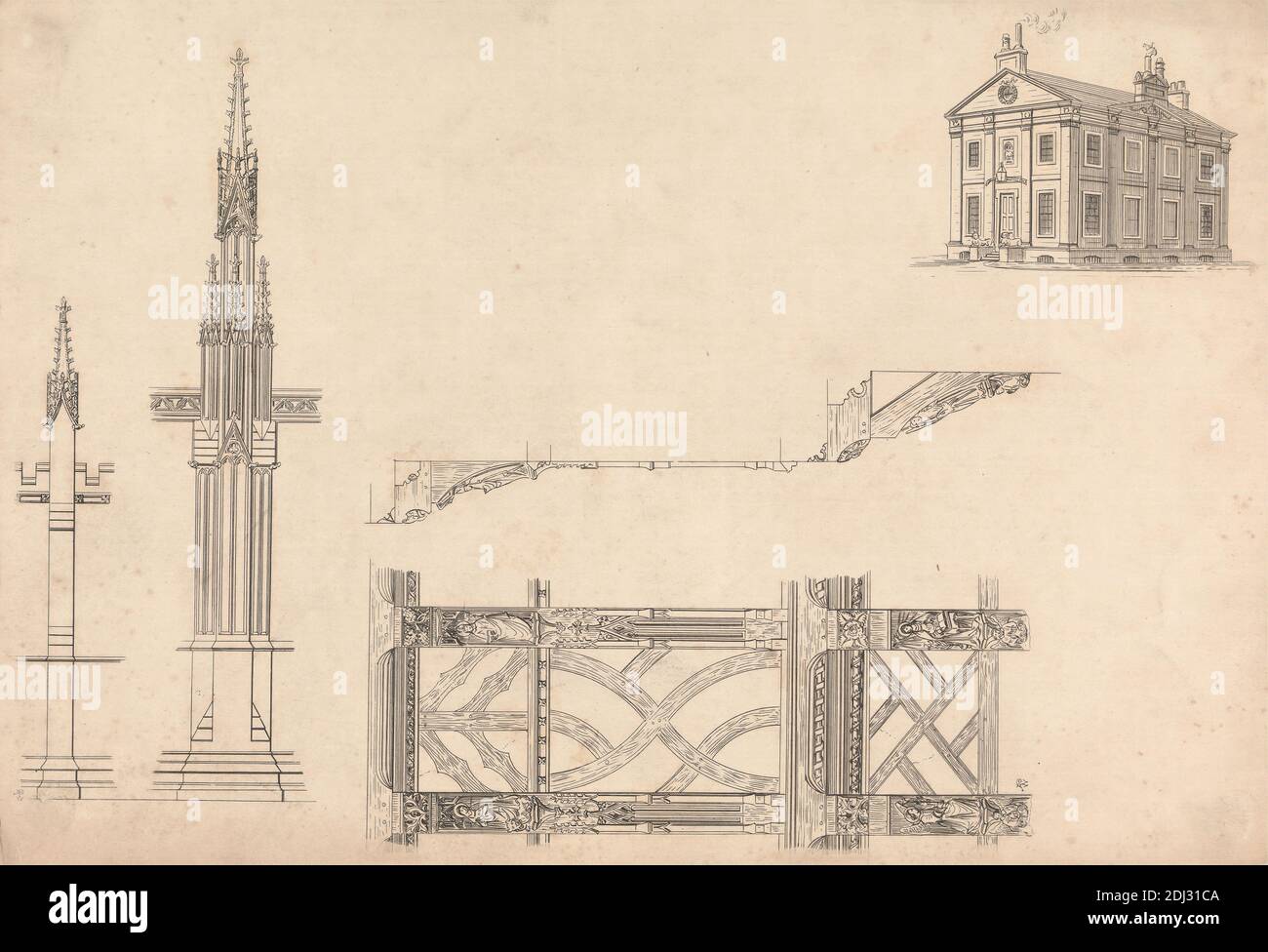 Three Sketches of: a House, A Gothic Spires and Ornamentation, Print made by Augustus Welby Northmore Pugin, 1812–1852, British, after Augustus Charles Pugin, 1762–1832, French, undated, Lithograph on thick, slightly textured, cream wove paper, Sheet: 7 7/8 × 11 3/8 inches (20 × 28.9 cm), architectural subject, designs, exterior, Gothic (Medieval), house, ornamentation, spires Stock Photo