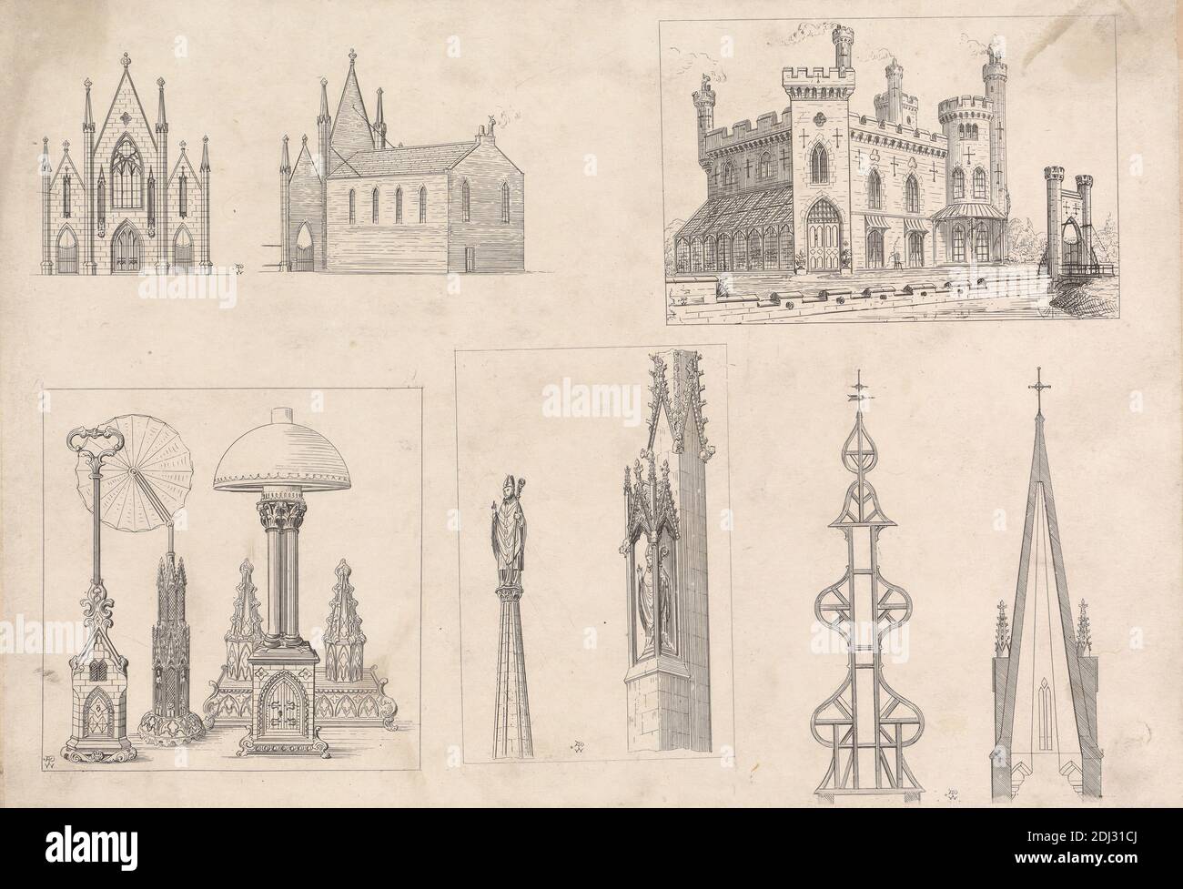 Five Sketches of: A Gothic Church, Spires, a Fortification and Decorative Objects, Print made by Augustus Welby Northmore Pugin, 1812–1852, British, after Augustus Charles Pugin, 1762–1832, French, undated, Lithograph on thin, smooth, white wove paper, Sheet: 7 7/8 × 11 1/2 inches (20 × 29.2 cm), architectural subject, church, designs, fort, Gothic (Medieval), ornamentation, spires Stock Photo