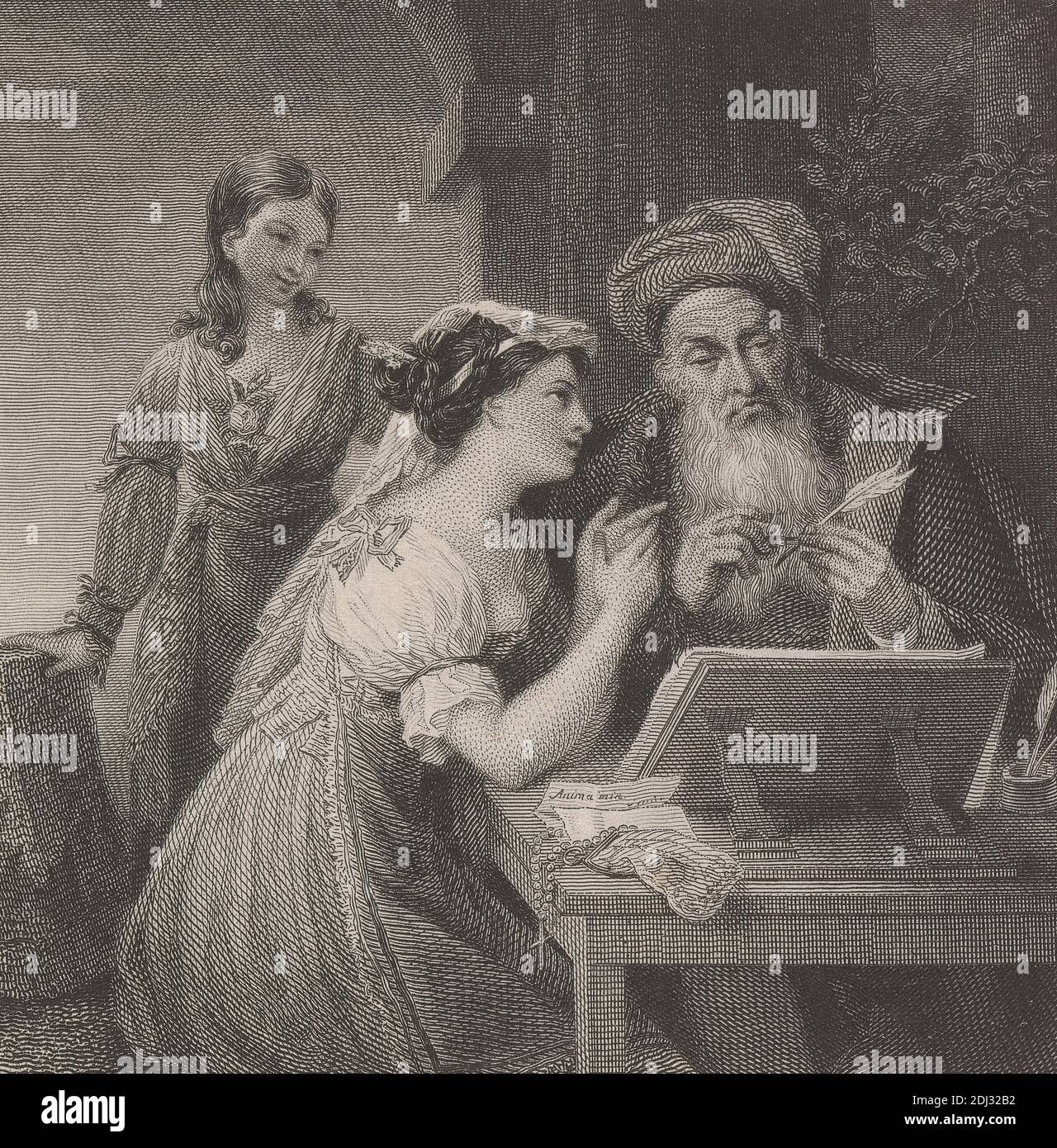 Il Biglietto D' Amore, A Contadina (of Frascuti) Dictating to one of the Scribes..., William Humphrys, 1794–1865, Irish, after unknown artist, ( J. P. Dans ), undated, Engraving, Sheet: 5 11/16 x 4 3/4in. (14.4 x 12.1cm Stock Photo