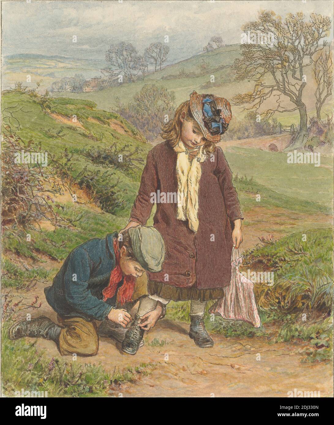 Boy Tying a Girl's Shoe, Print made by Robert Barnes, 1840–1895, British, after Robert Barnes, 1840–1895, British, undated, Wood-engraving with watercolor on moderately thick, slightly textured, cream wove paper mounted on moderately thick, slightly textured, beige wove paper, Mount: 8 3/4 x 7 7/8 inches (22.2 x 20 cm), Sheet: 8 7/16 x 7 1/16 inches (21.4 x 18 cm), and Image: 6 11/16 x 5 9/16 inches (17 x 14.2 cm), bag, bonnet, boy, breeches, bridge (built work), cap, children, coat, dress, flowers (plants), gate, genre subject, girl, grass, helping, hills, house, jackets, laces, landscape Stock Photo