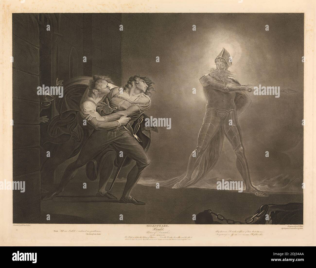 Hamlet, Prince of Denmark: Act I, Scene iv, Platform before the Palace of Elsineur--Hamlet, Horatio, Marcellus and the Ghost, Robert Thew, 1758–1802, British, after Henry Fuseli, 1741–1825, Swiss, active in Britain (1766–70; 1779 on), 1803, Engraving, Sheet: 17 x 23 1/2in. (43.2 x 59.7cm Stock Photo