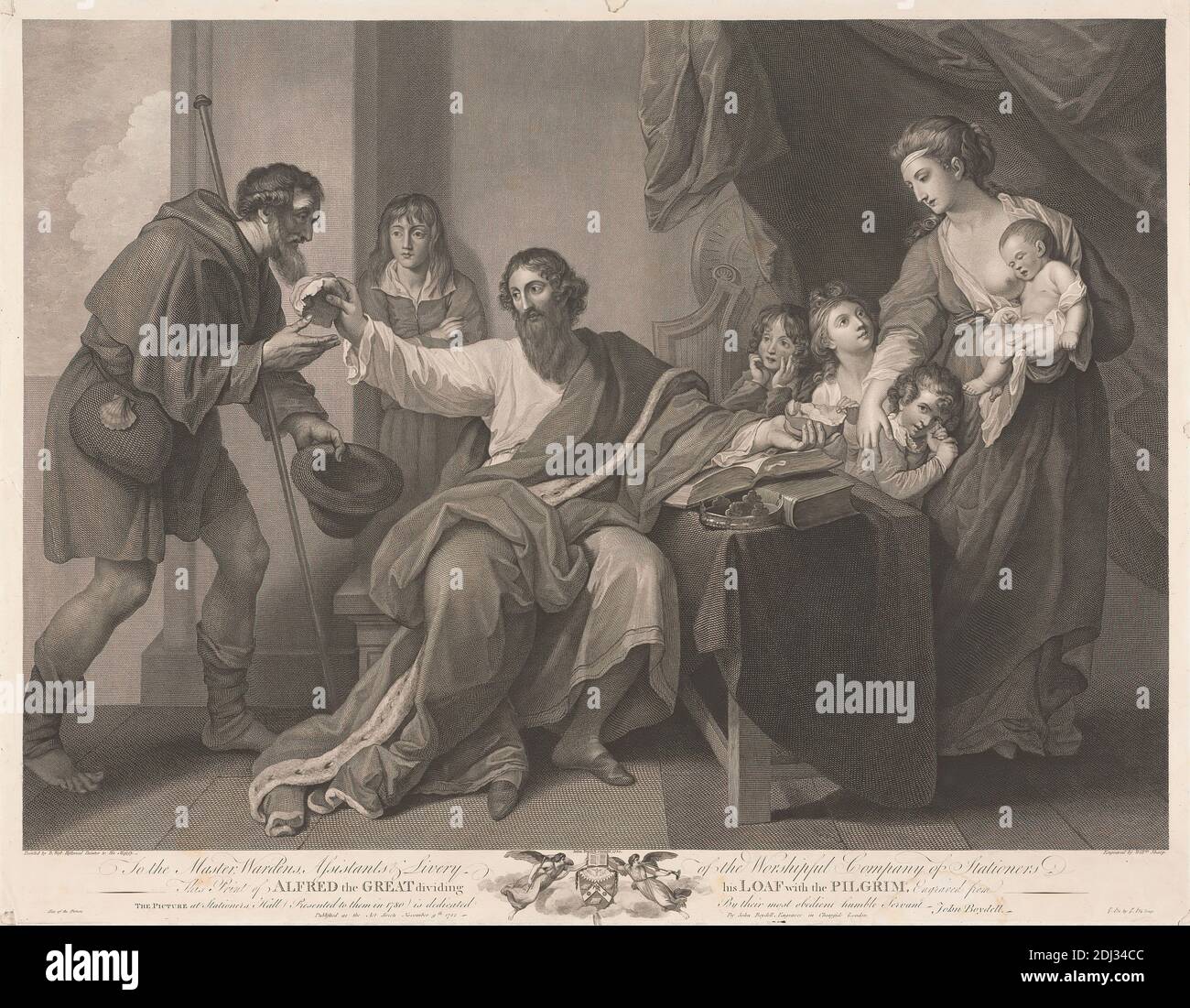 Alfred the Great Dividing His Loaf with the Pilgrim, William Sharp, 1749–1824, British, after Benjamin West, 1738–1820, American, active in Britain (from 1763), 1782, Engraving on moderately thick, slightly textured, blued white, laid paper, mounted on, thick, rough, blued white, laid paper, Mount: 22 1/16 × 30 inches (56 × 76.2 cm), Sheet: 19 1/4 × 24 11/16 inches (48.9 × 62.7 cm), and Image: 17 1/16 × 23 1/2 inches (43.3 × 59.7 cm Stock Photo