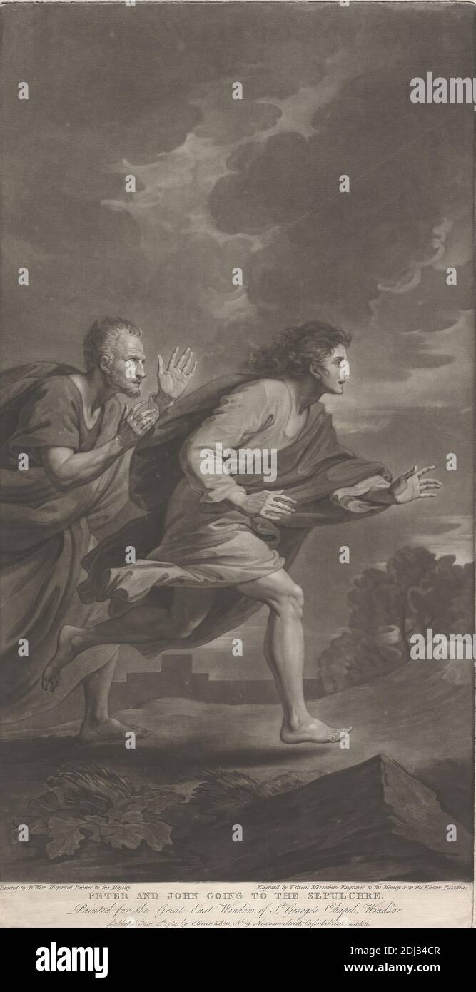 Peter and John Going to the Sepulchre, Print made by Valentine Green, 1739–1813, British, after Benjamin West, 1738–1820, American, active in Britain (from 1763), Published by V. Green & Son, 1739–1813, British, 1784, Mezzotint on moderately thick, moderately textured, cream laid paper, Sheet: 18 9/16 x 9 5/8 inches (47.1 x 24.5 cm), Plate: 18 3/8 x 9 7/16 inches (46.6 x 23.9 cm), and Image: 17 3/8 x 9 7/16 inches (44.2 x 23.9 cm), anxiety, barefoot, cloaks, clouds, gesture, men, meteorology, mourning, Peter and/or John make sure that the tomb of Christ is empty, religious and mythological Stock Photo